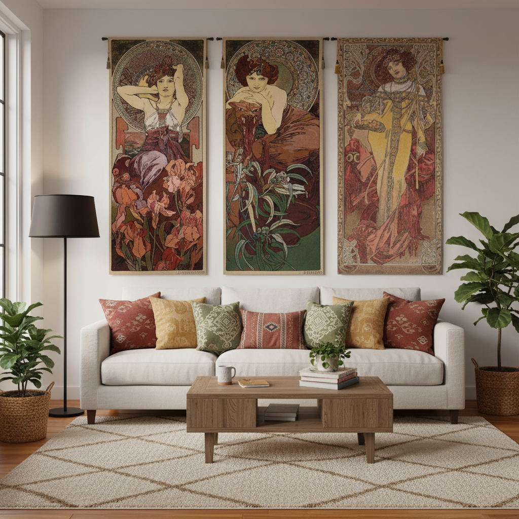 Alphonse Mucha Mucha Rubis Tapestry Wall Hanging 42 x 19 in Art Nouveau Woman Ruby Gemstone Jacquard Woven Wall Art