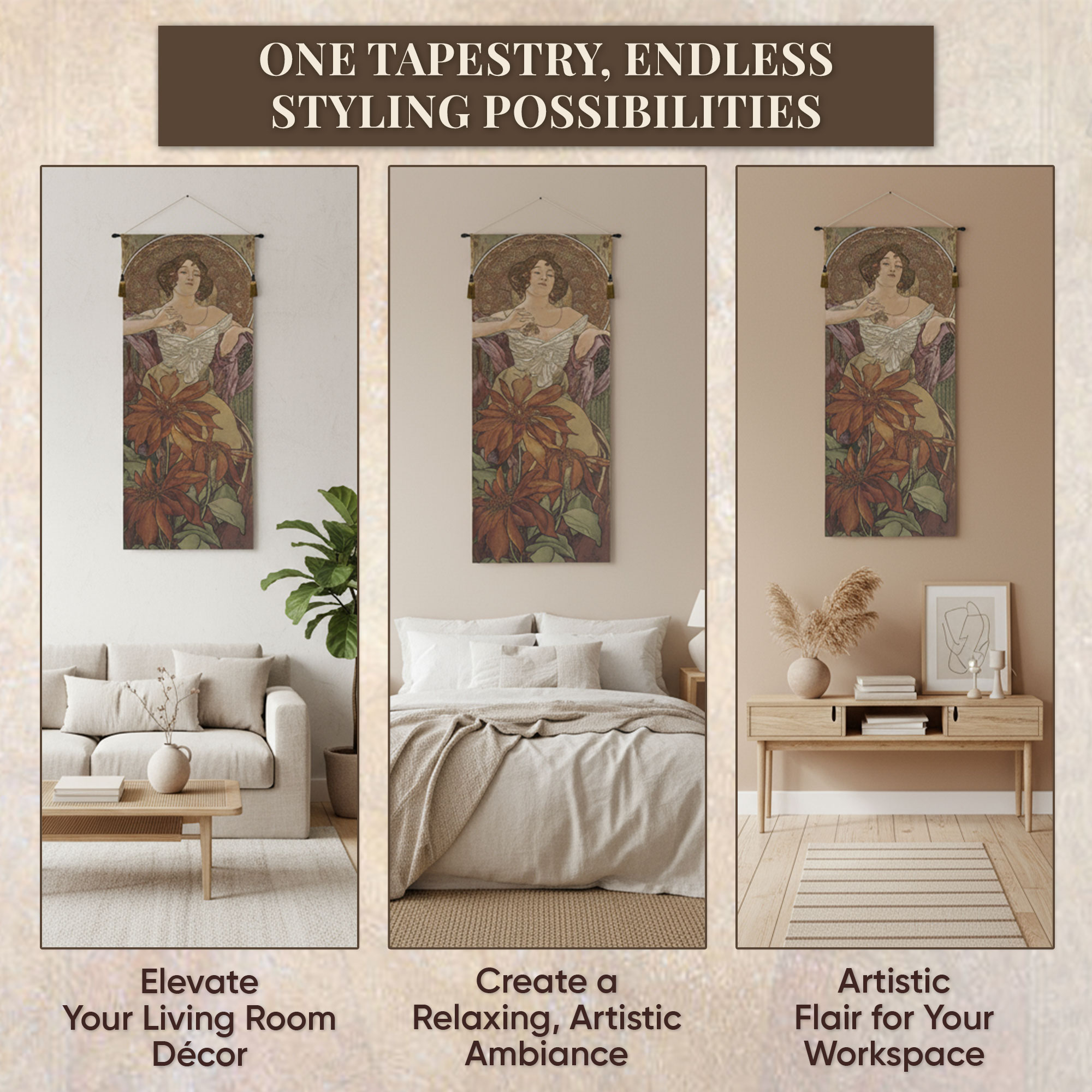 Alphonse Mucha Mucha Rubis Tapestry Wall Hanging 42 x 19 in Art Nouveau Woman Ruby Gemstone Jacquard Woven Wall Art