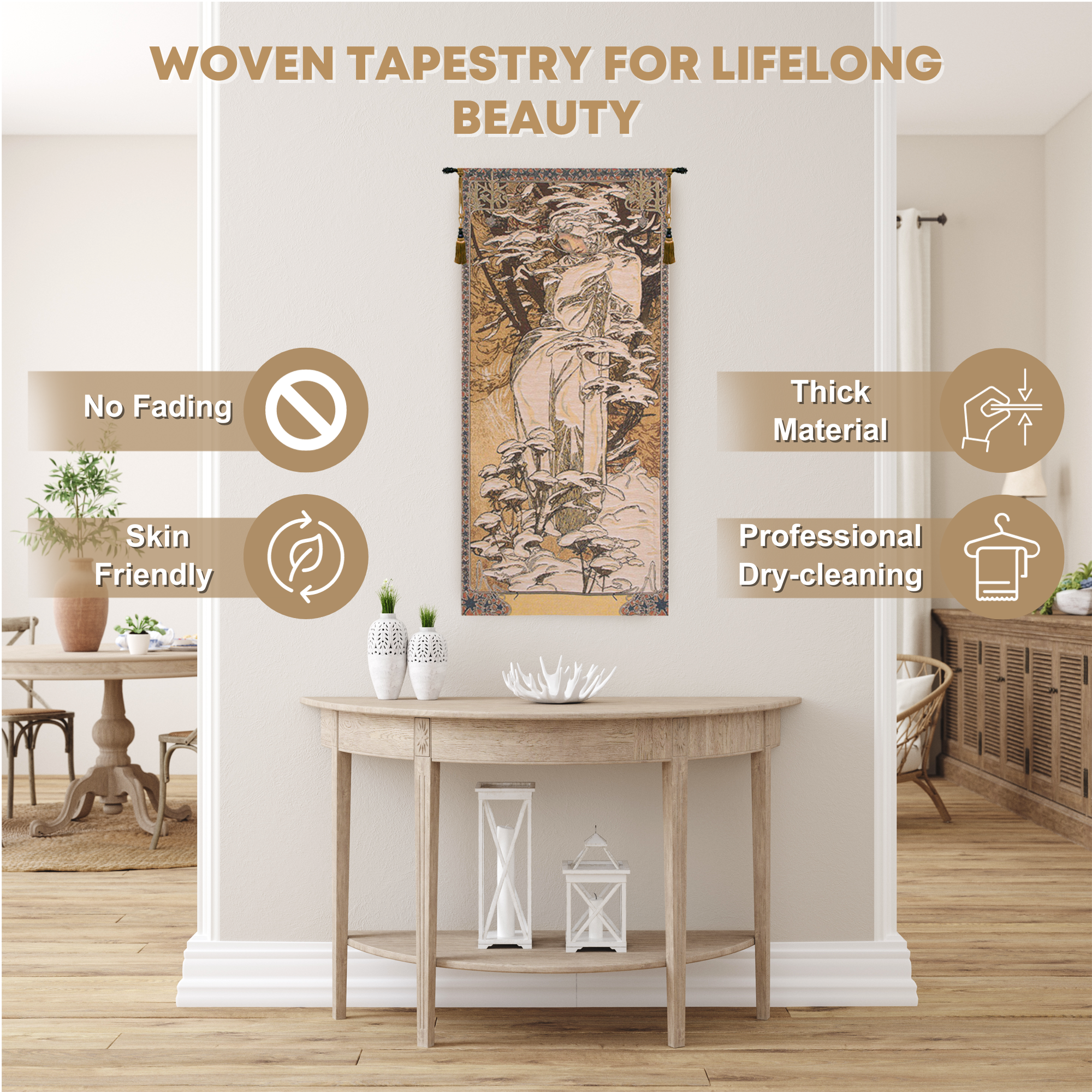 Alphonse Mucha Winter Tapestry Wall Hanging 39 x 18 in Art Nouveau Seasonal Woman Jacquard Woven Wall Art Home Decor