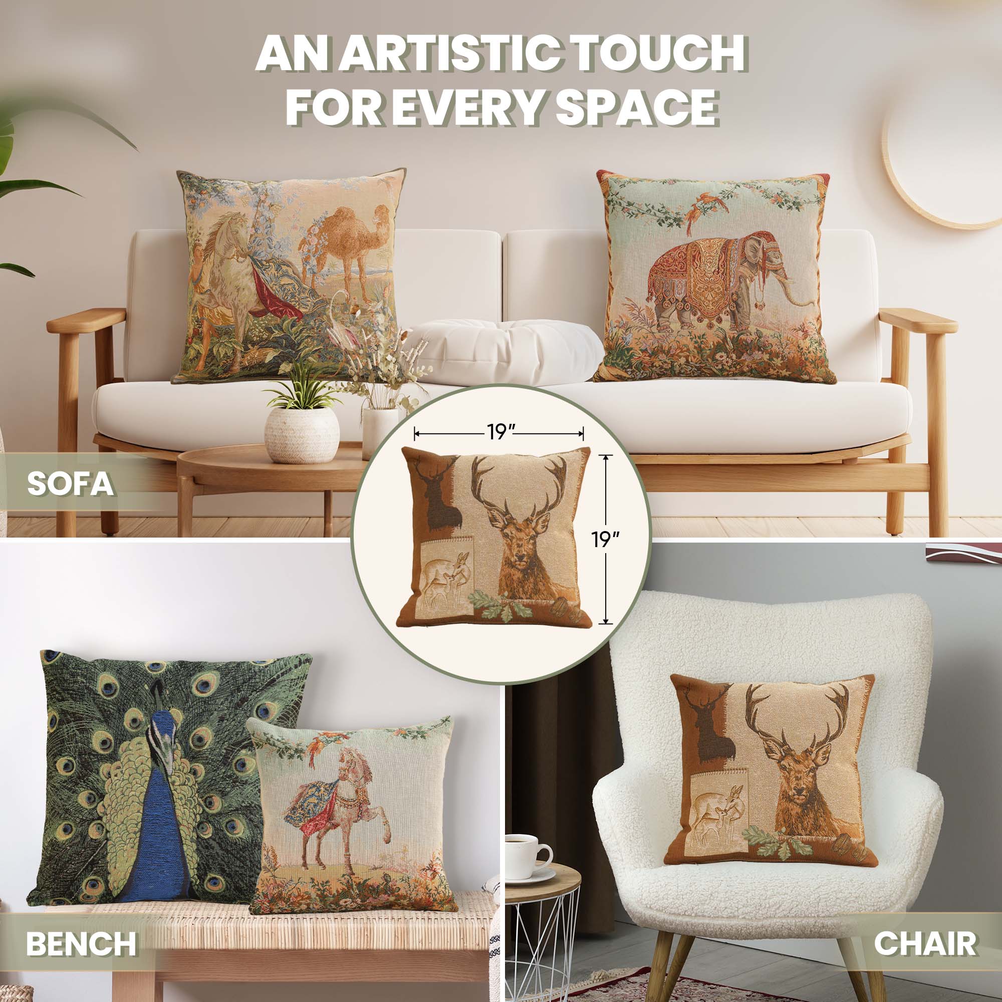 Deer Doe and Stag French Tapestry Pillow Cover 19x19 Inch Cotton Jacquard Woven Cushion Cover