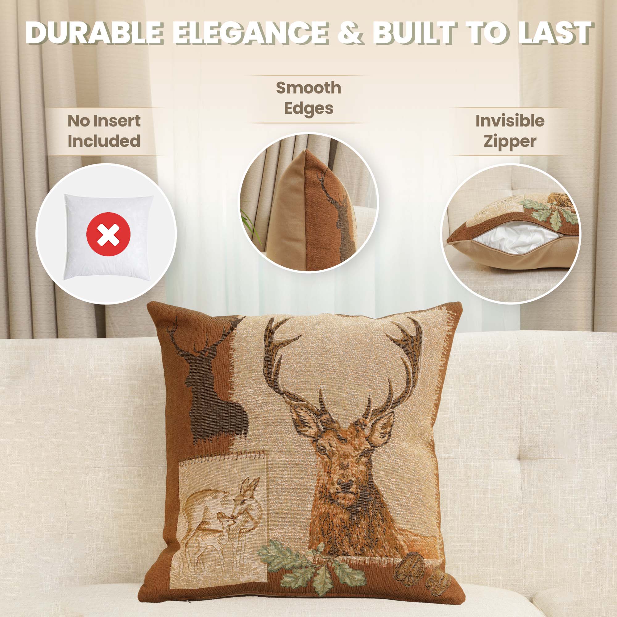 Deer Doe and Stag French Tapestry Pillow Cover 19x19 Inch Cotton Jacquard Woven Cushion Cover