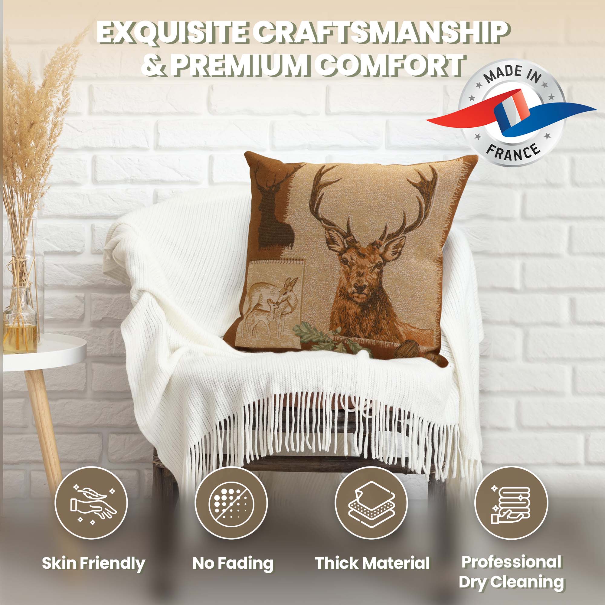 Deer Doe and Stag French Tapestry Pillow Cover 19x19 Inch Cotton Jacquard Woven Cushion Cover