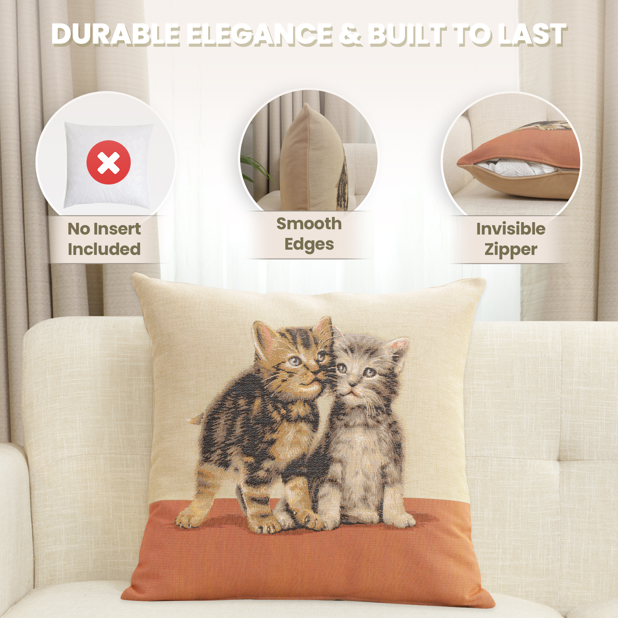 Henriette Ronner Two Kittens Tapestry Pillow Cover 19x19 Inch Cotton Jacquard Woven Cushion Cover