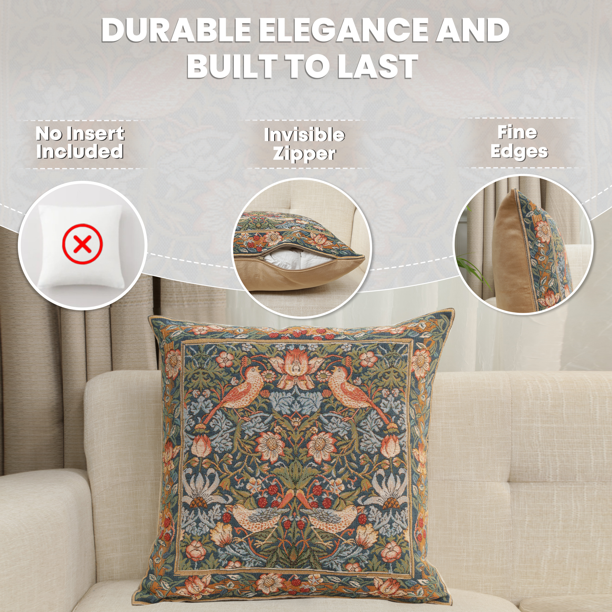 Birds Face to Face Medieval Tapestry Pillow Cover 19x19 inch European Cotton Jacquard Woven Cushion Cover