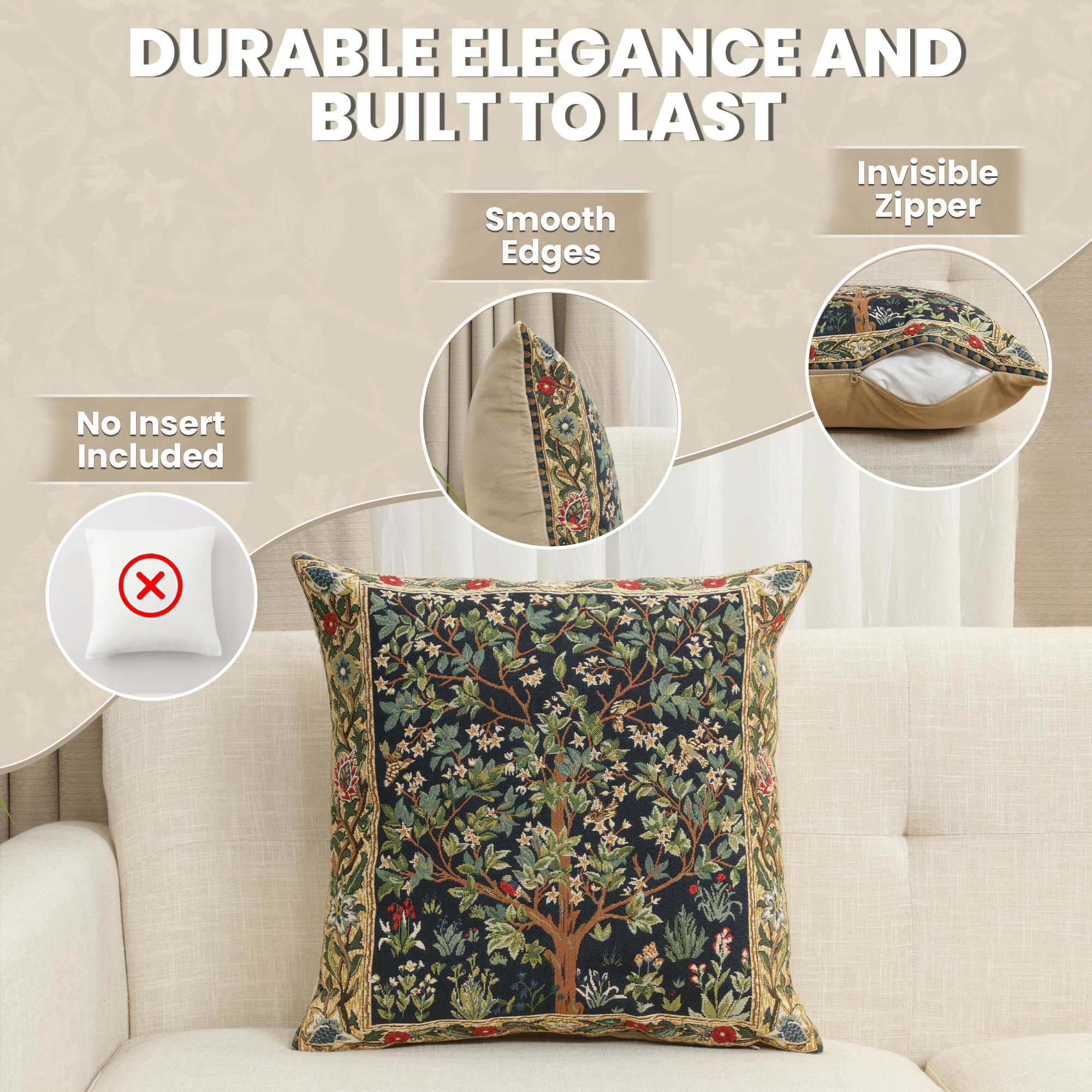 Blue Tree of Life Belgian Tapestry Pillow Cover 18x18 inch 100% Cotton Belgian Jacquard Woven Cushion Cover