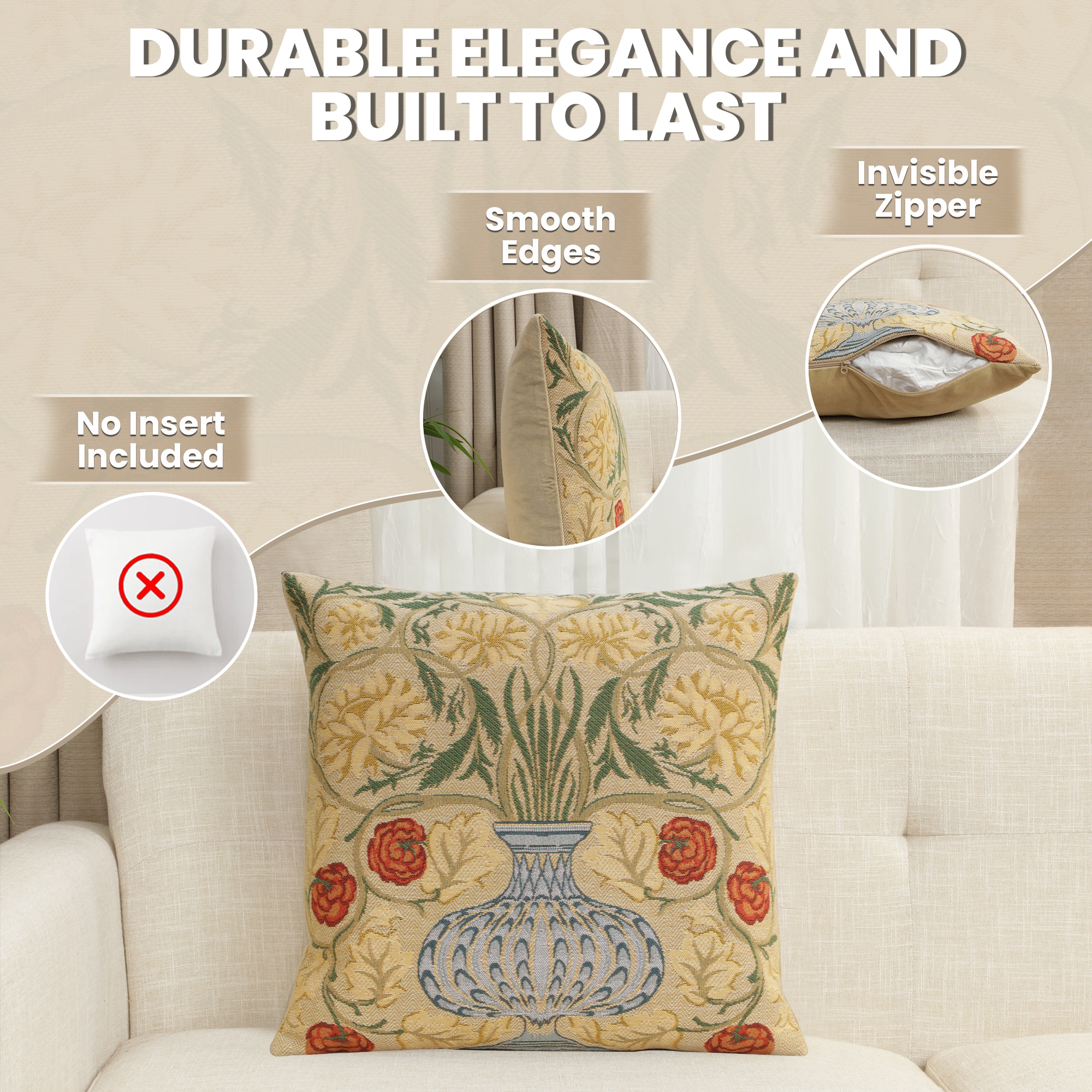 Yellow Rose Belgian Tapestry Pillow Cover 18x18 inch 100% Cotton Belgian Jacquard Woven Cushion Cover