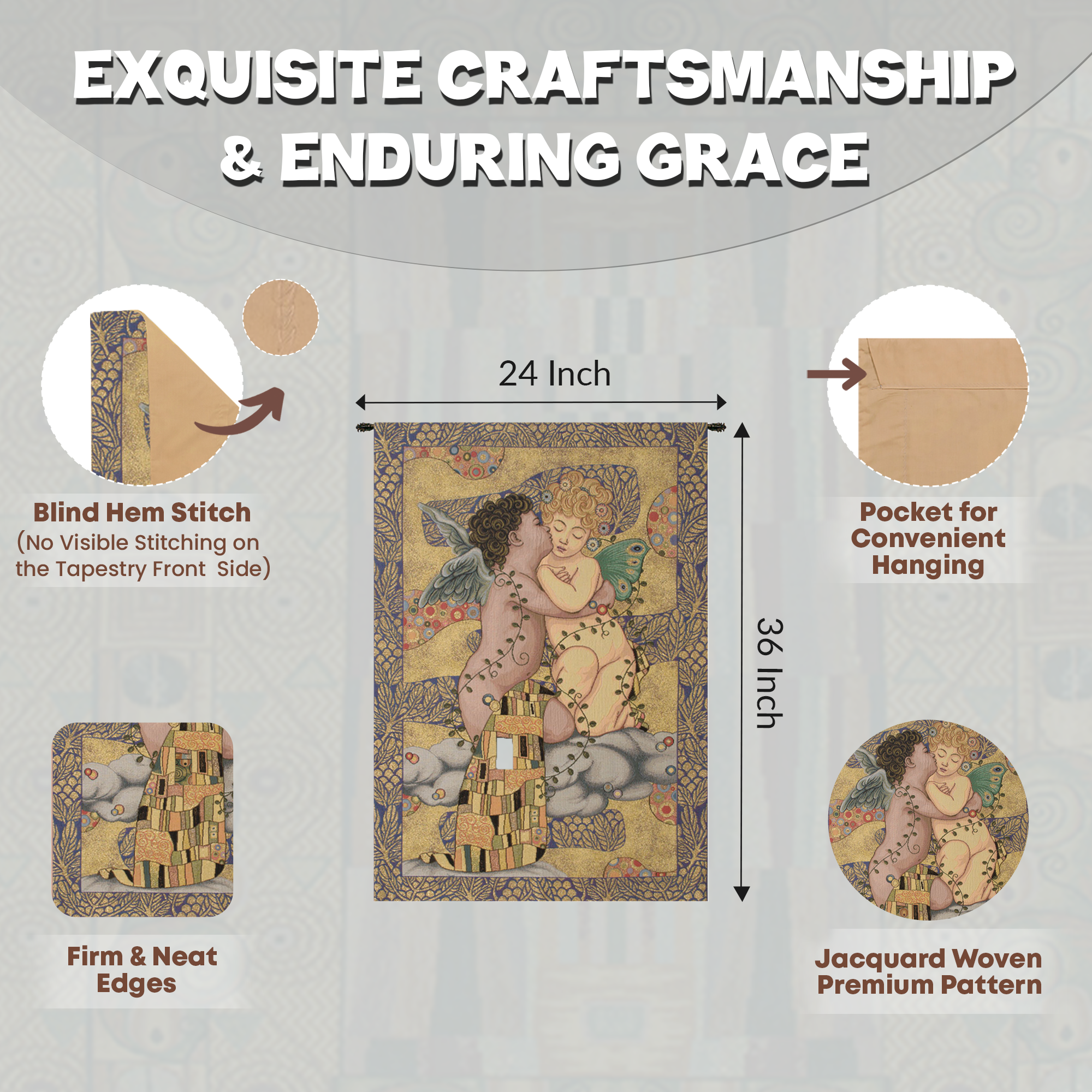 Gustav Klimt The First Kiss Vintage Tapestry Wall Hanging 36 x 24 in Art Nouveau Jacquard Woven Decor