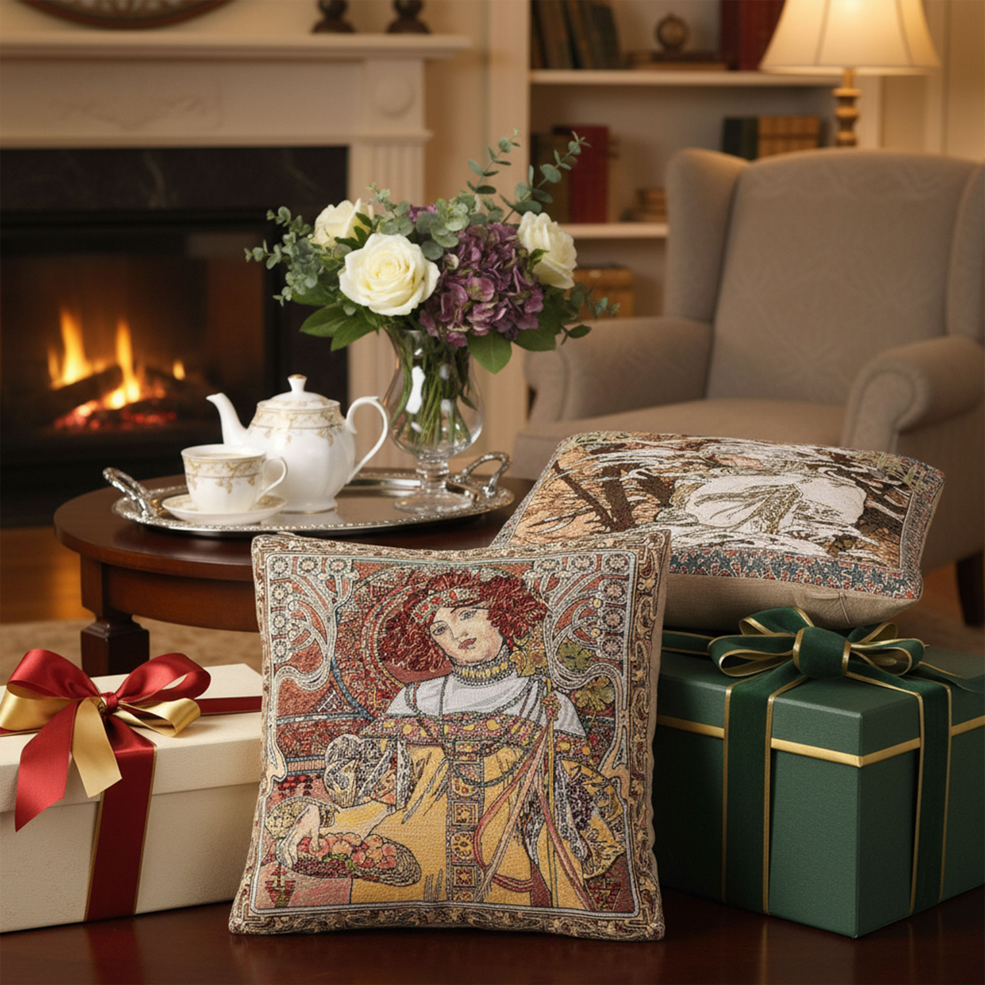 Alphonse Mucha Autumn I Tapestry Pillow Cover 18x18 Inch Cotton Jacquard Woven Cushion Cover