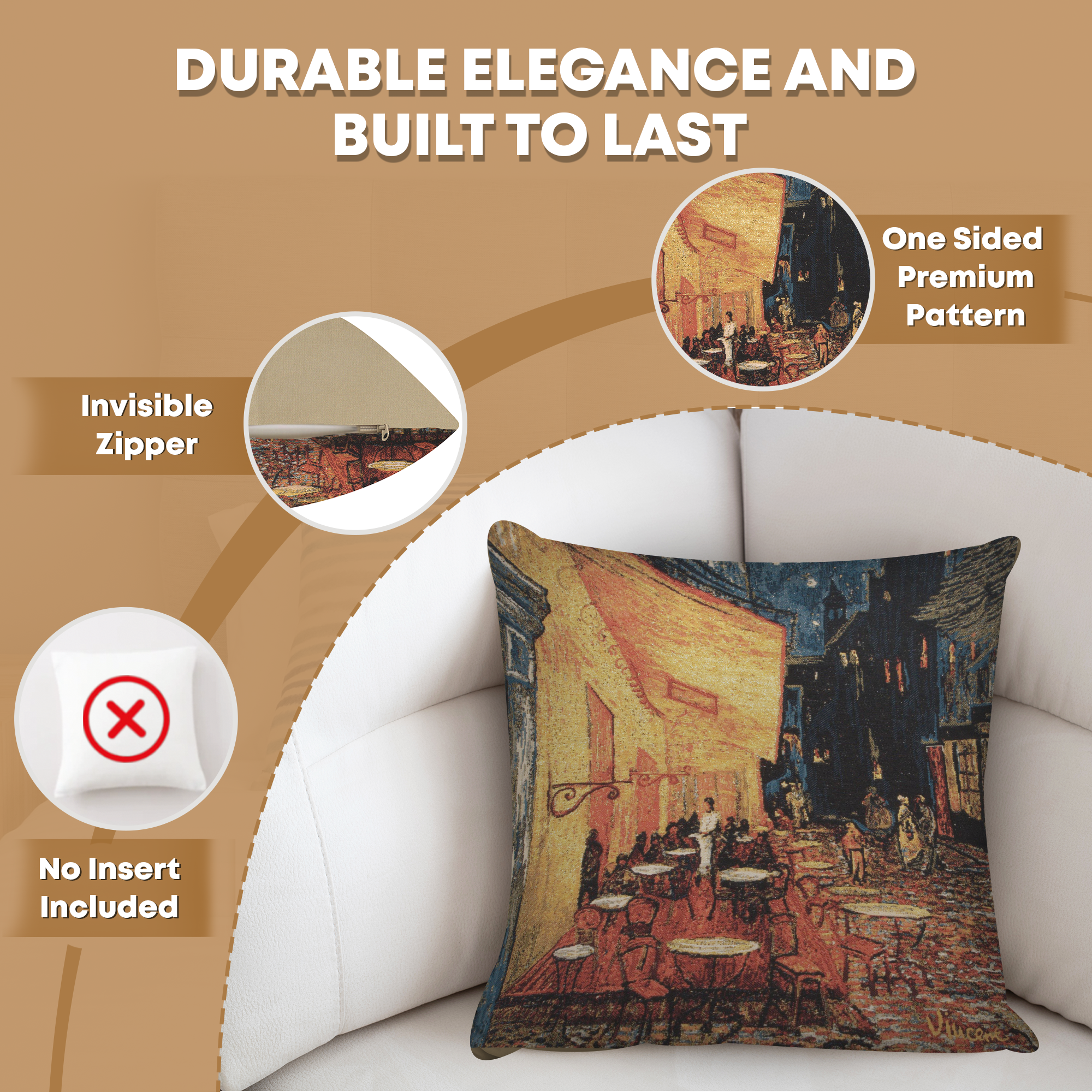 Vincent van Gogh Cafe Terrace at Night Tapestry Pillow Cover 18x18 Inch Cotton Jacquard Woven Cushion Cover