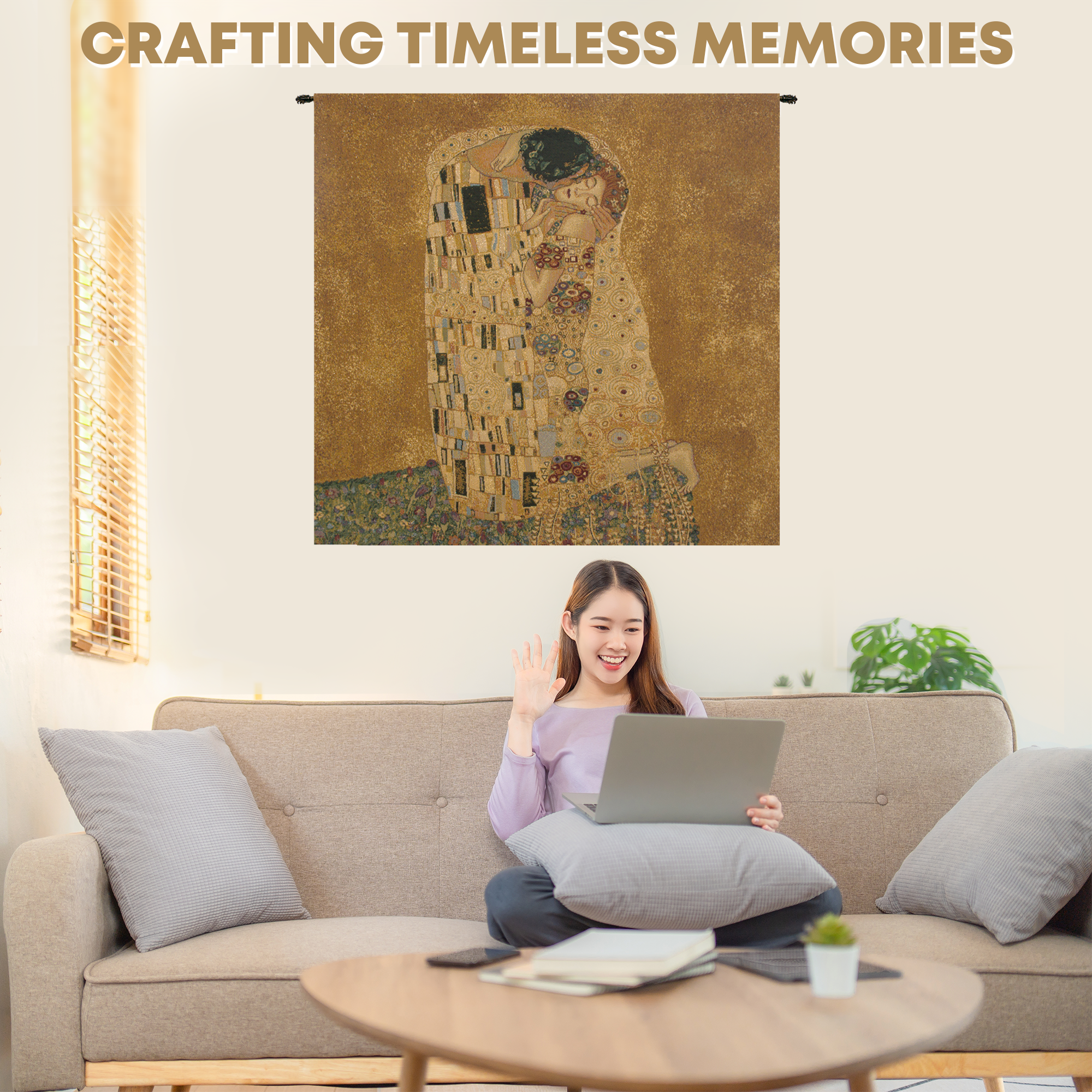 The Kiss by Klimt Italian Tapestry Wall Hanging 25x25 Inch Cotton Jacquard Woven Wall Tapestry