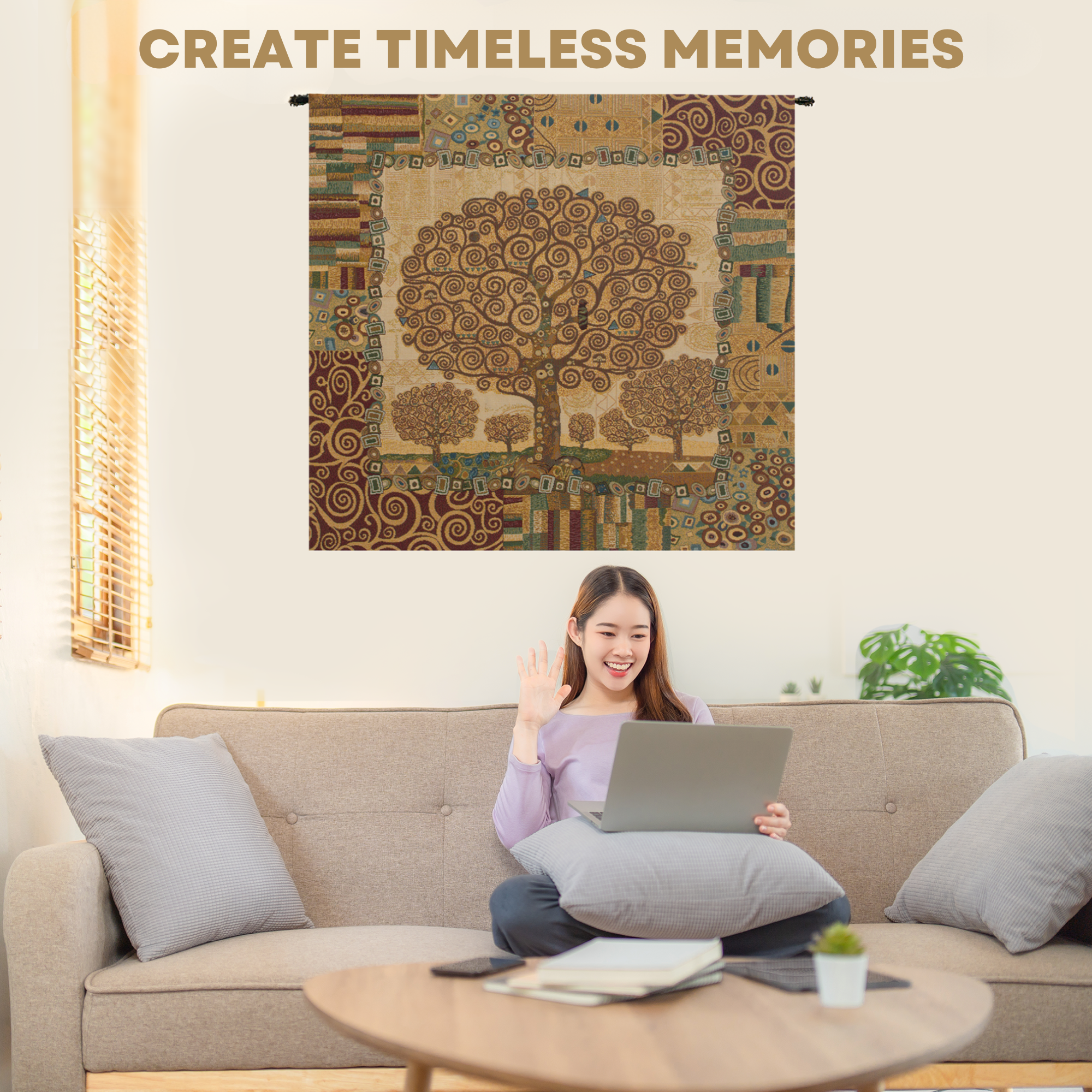 Klimts Tree of Life Italian Tapestry Wall Hanging 25x25 Inch Cotton Jacquard Woven Wall Tapestry