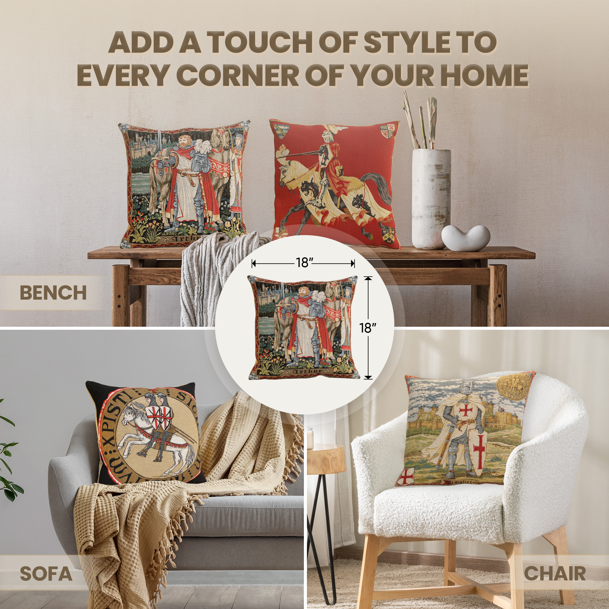 Medieval Legendary King Arthur Tapestry Pillow Cover 18x18 Inch Cotton Jacquard Woven Cushion Cover