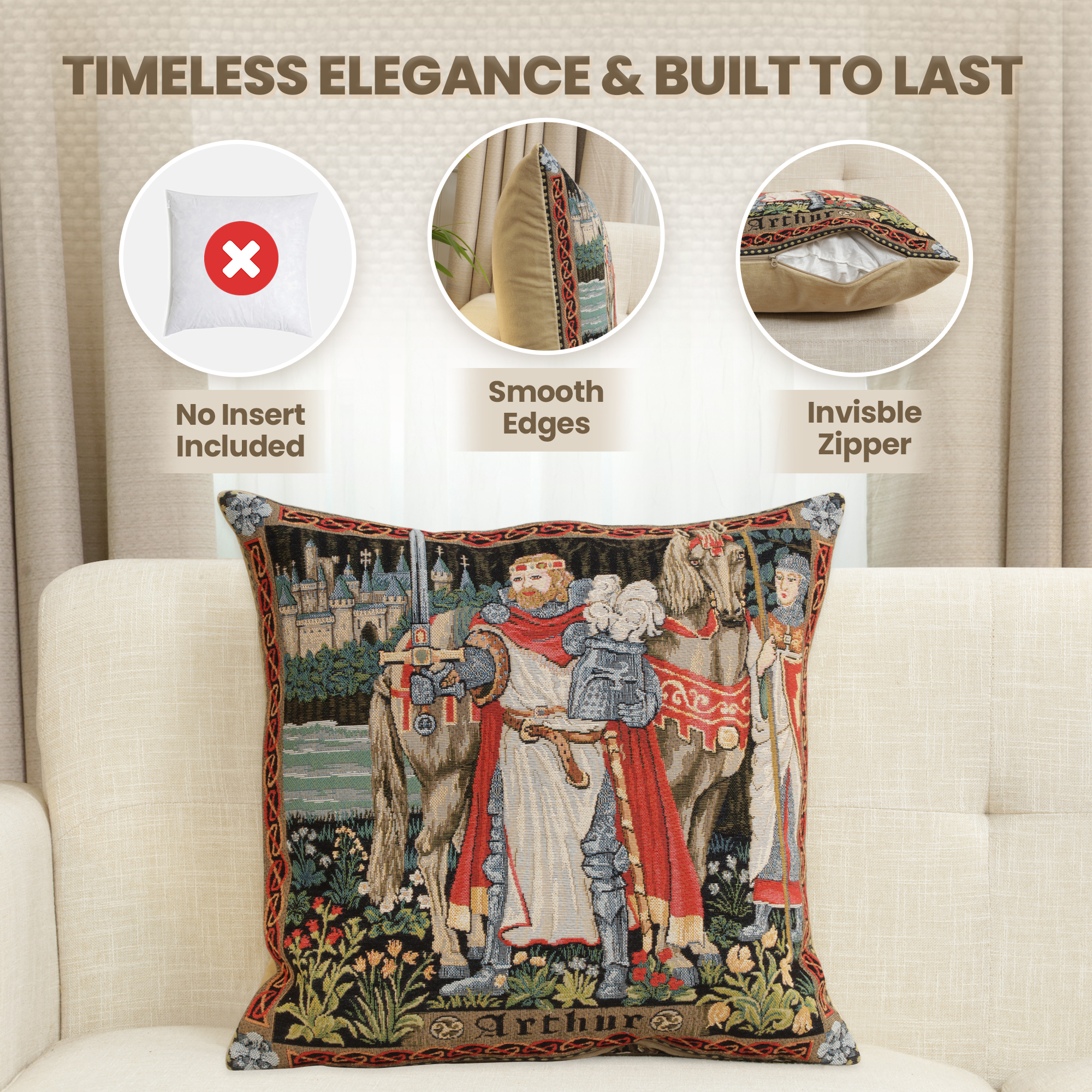 Medieval Legendary King Arthur Tapestry Pillow Cover 18x18 Inch Cotton Jacquard Woven Cushion Cover