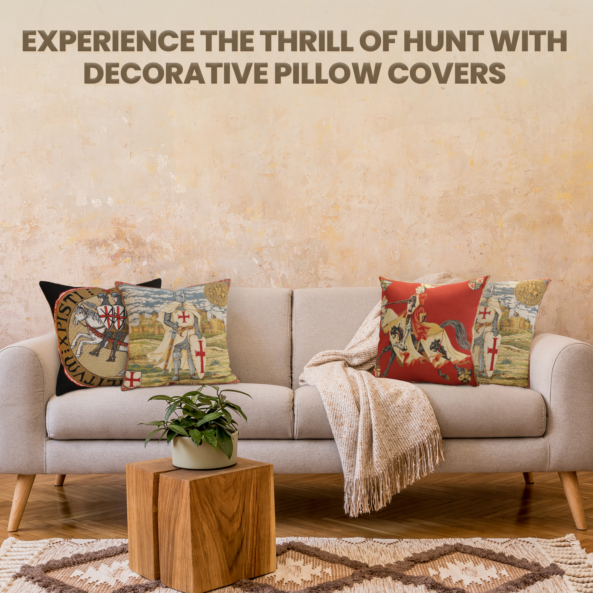 Medieval Legendary King Arthur Tapestry Pillow Cover 18x18 Inch Cotton Jacquard Woven Cushion Cover