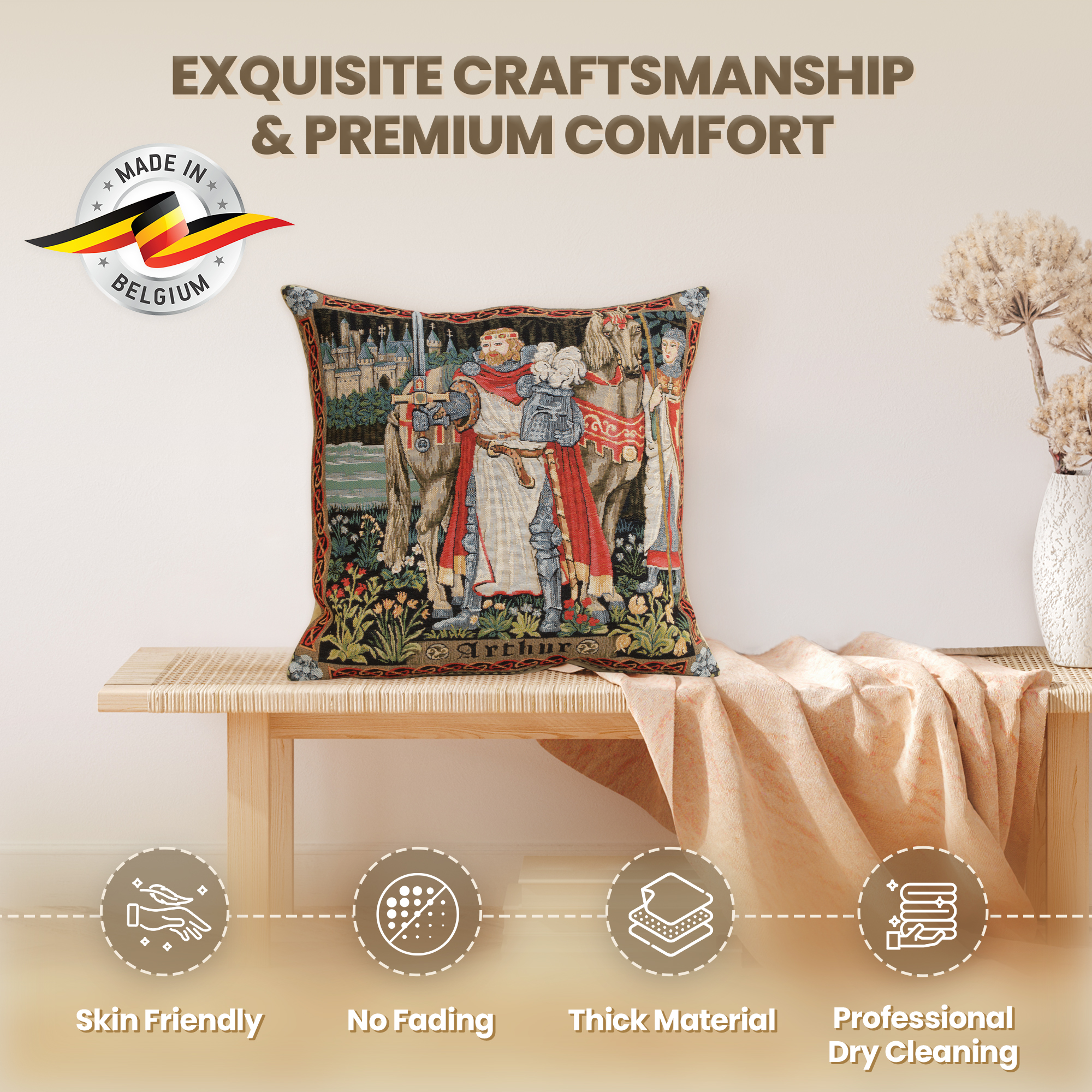 Medieval Legendary King Arthur Tapestry Pillow Cover 18x18 Inch Cotton Jacquard Woven Cushion Cover