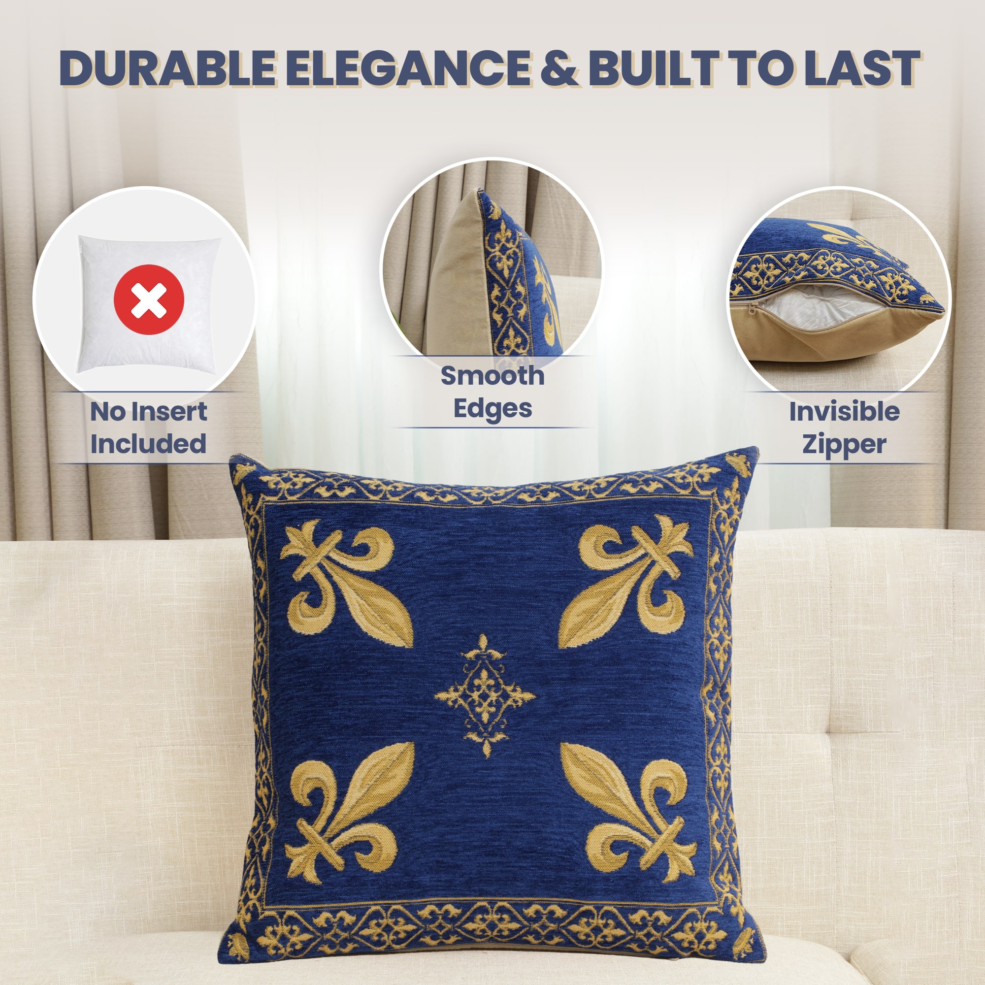 Napoleon Fleur de Lys Blue III Tapestry Pillow Cover 18x18 Inch Cotton Jacquard Woven Cushion Cover