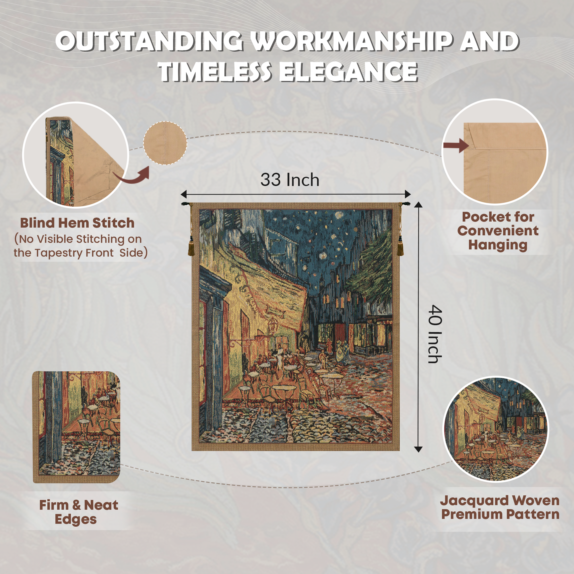 Vincent Van Gogh Terrace Tapestry Wall Hanging 21 x 18 in Cafe Terrace Impressionist Jacquard Woven Wall Decor