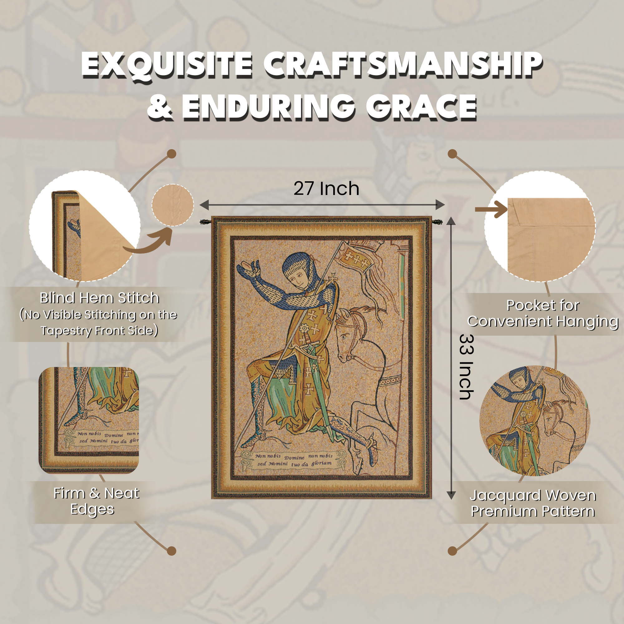 Croise Genoux Tapestry Wall Hanging 22 x 17 in Medieval Knight Crusader Jacquard Woven European Wall Art Decor