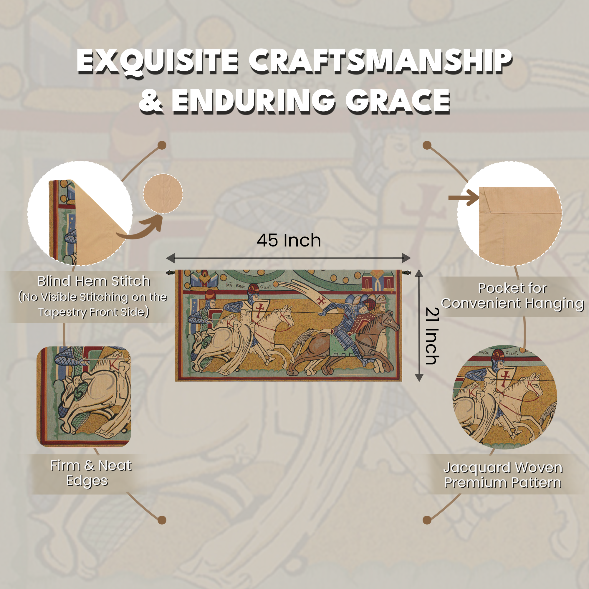 Chevaliers de St Gregoire Tapestry Wall Hanging 21 x 45 in Medieval Knights Jacquard Woven European Wall Decor