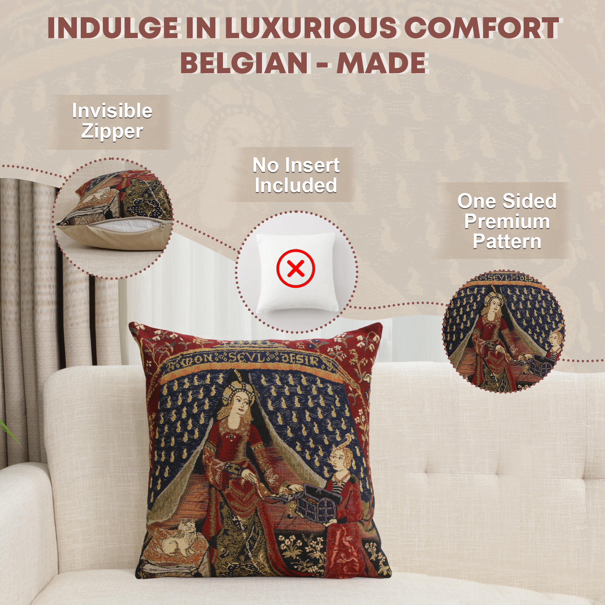 Medieval My Only Desire Tapestry Pillow Cover 16x16 Inch Cotton Jacquard Woven Cushion Cover