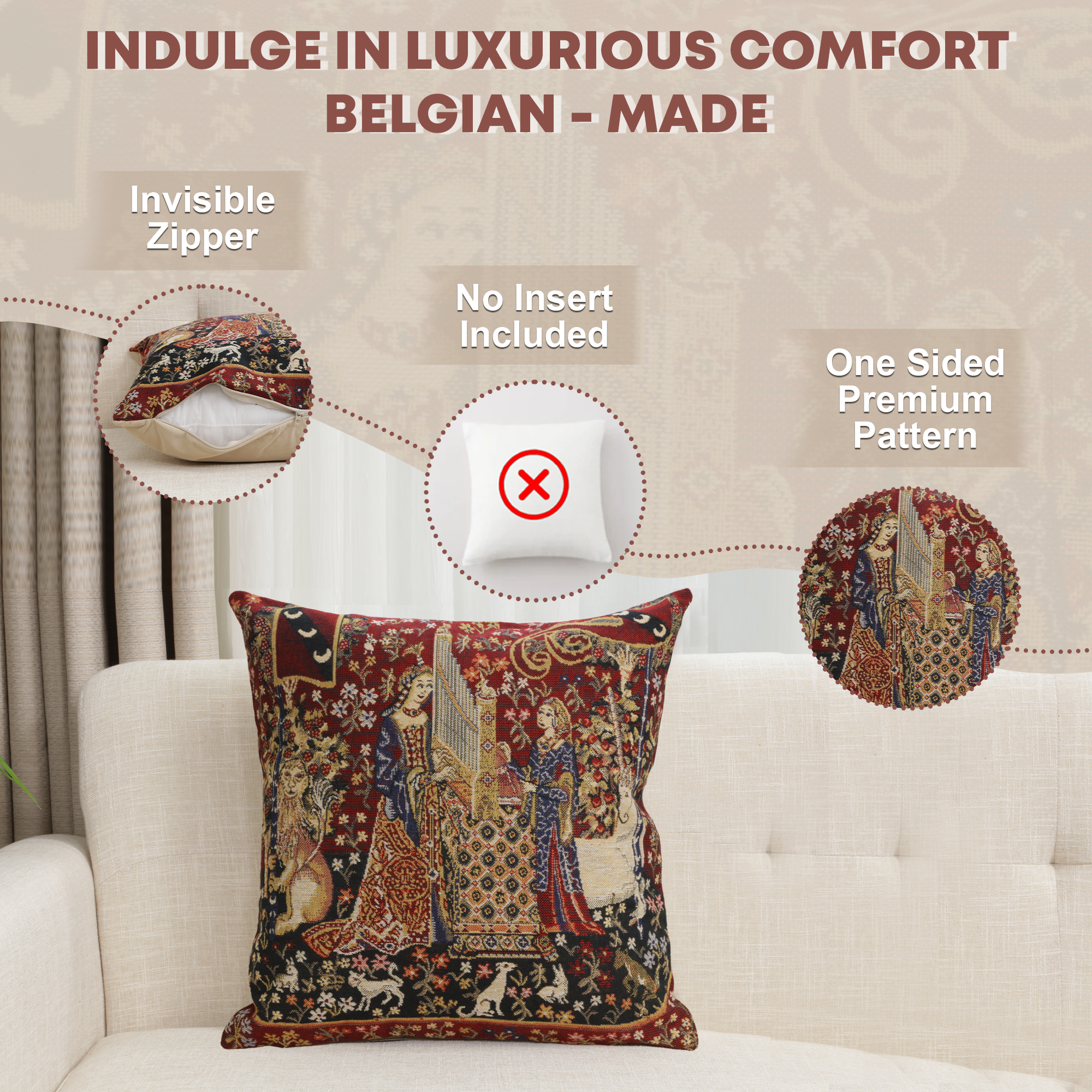 Medieval Hearing II Tapestry Pillow Cover 16x16 Inch Cotton Jacquard Woven Cushion Cover