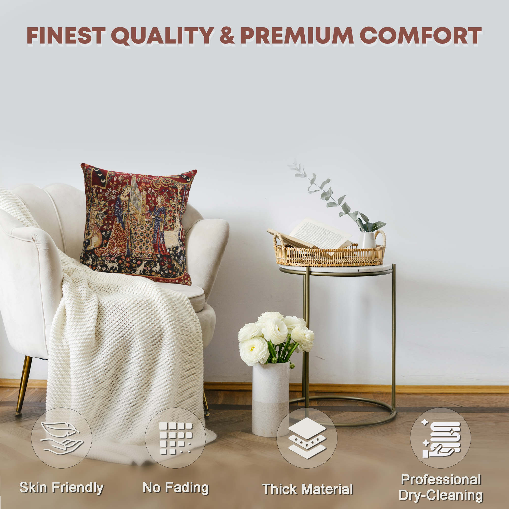Medieval Hearing II Tapestry Pillow Cover 16x16 Inch Cotton Jacquard Woven Cushion Cover