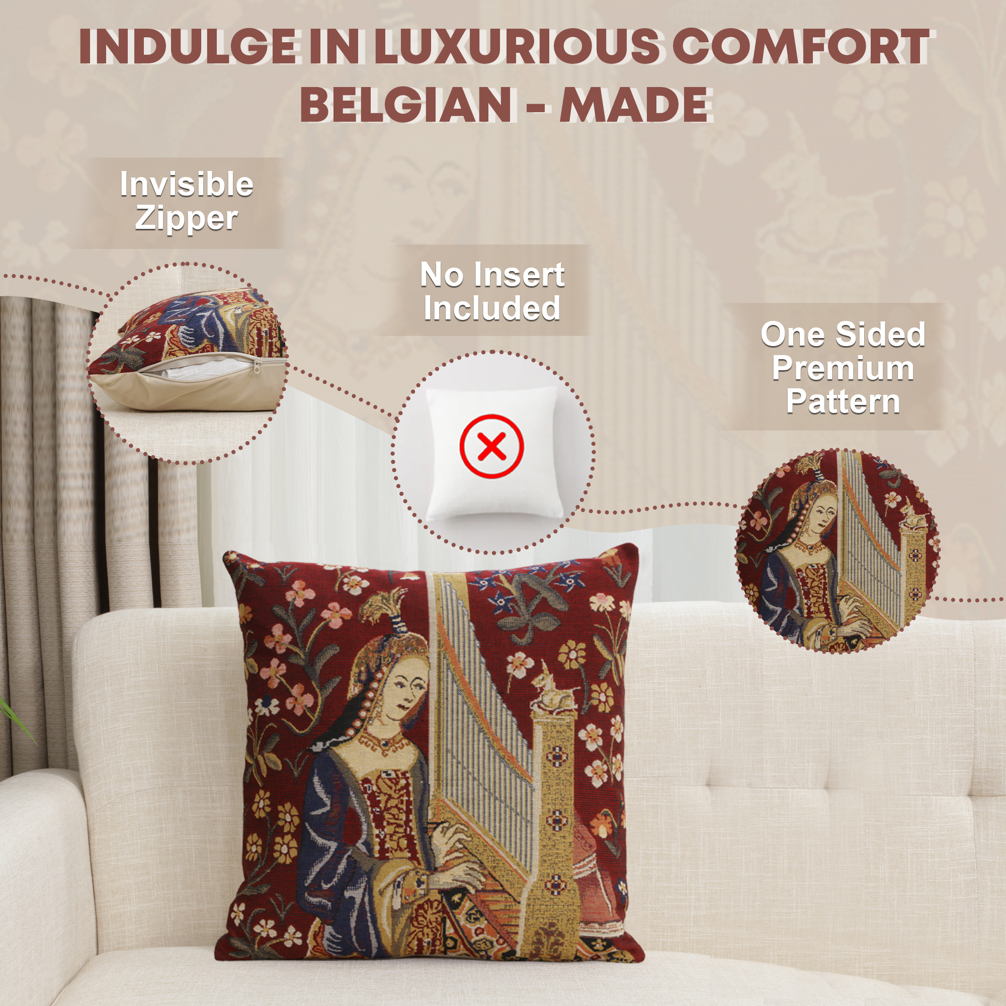 Medieval Hearing III Tapestry Pillow Cover 16x16 Inch Cotton Jacquard Woven Cushion Cover