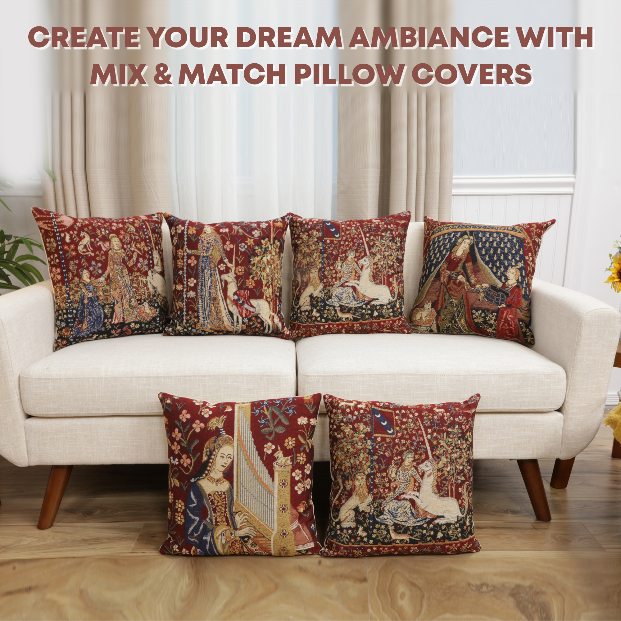Medieval Hearing III Tapestry Pillow Cover 16x16 Inch Cotton Jacquard Woven Cushion Cover