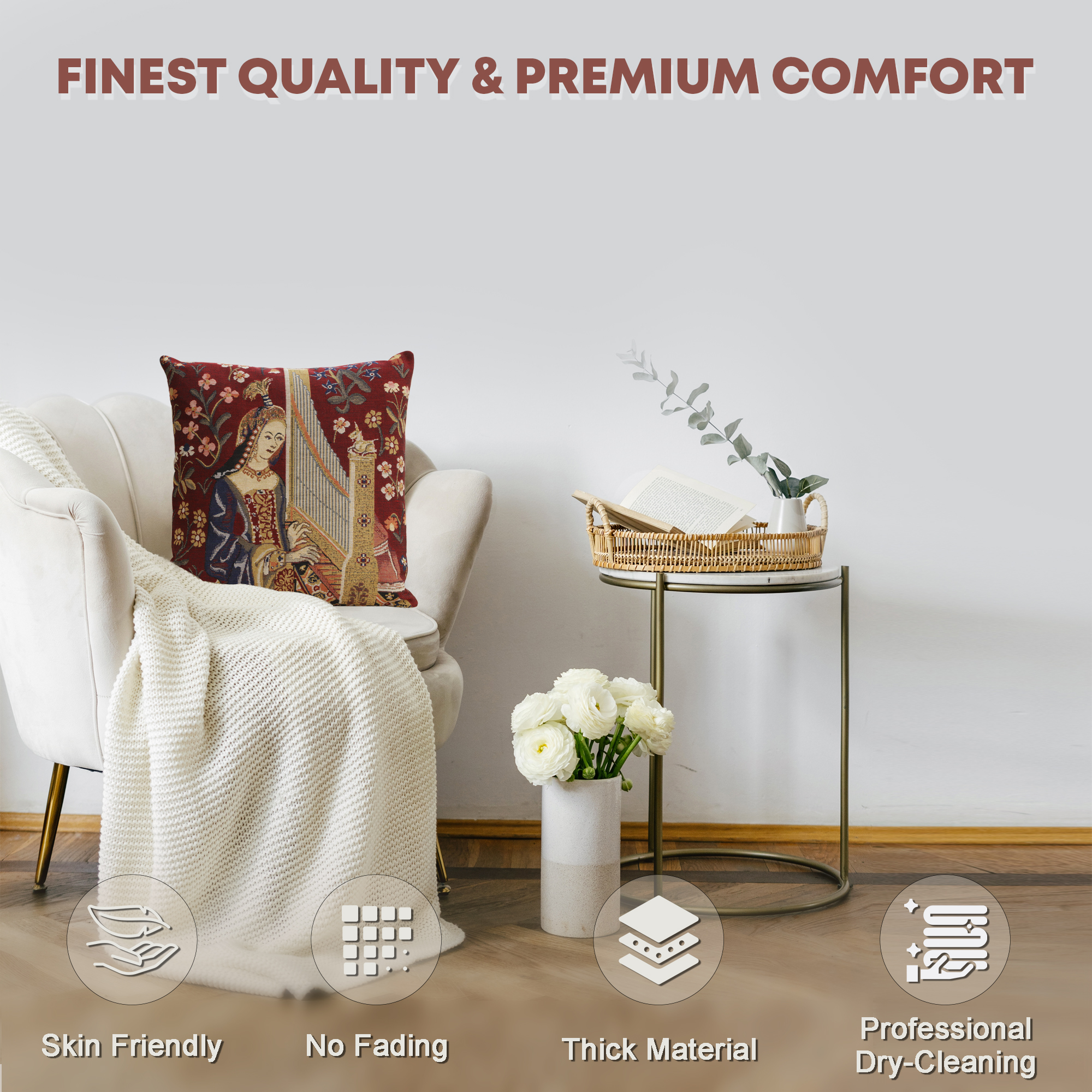 Medieval Hearing III Tapestry Pillow Cover 16x16 Inch Cotton Jacquard Woven Cushion Cover