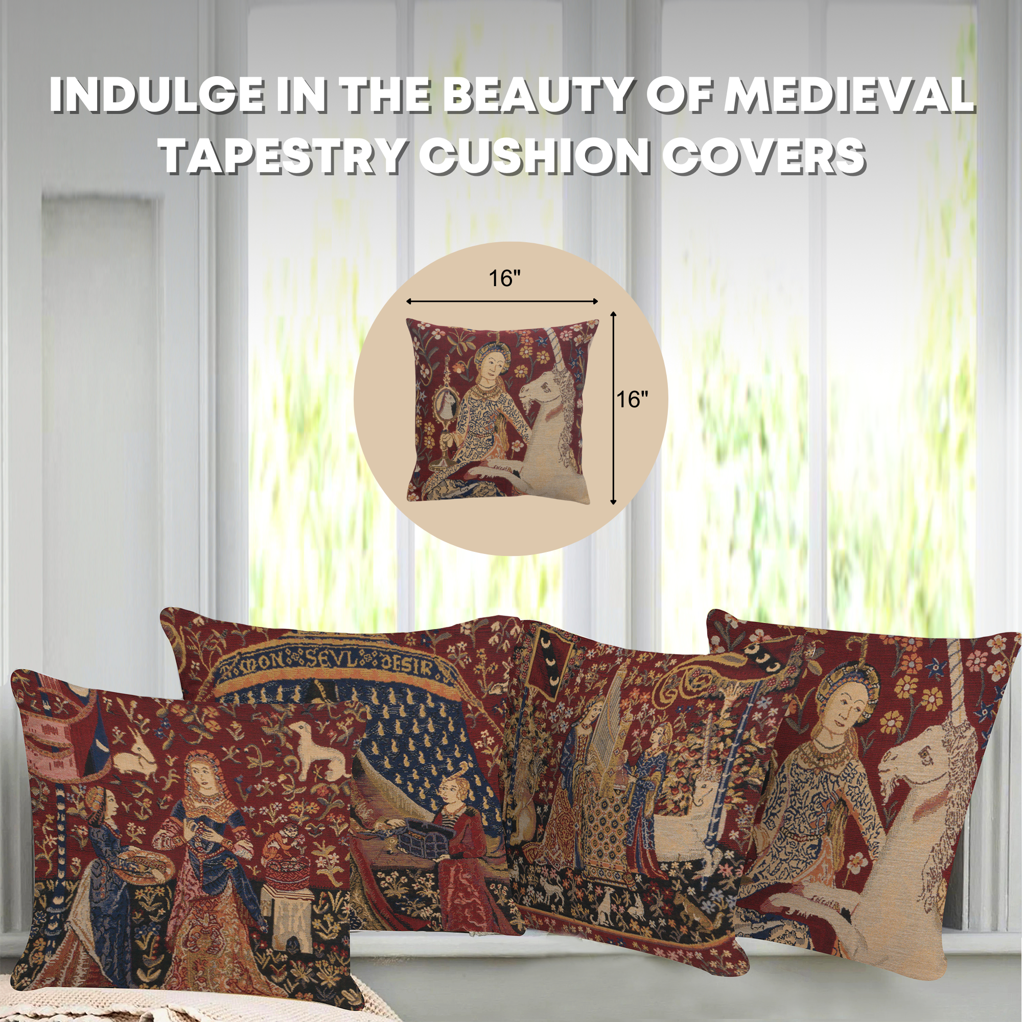 Medieval Sight III Tapestry Pillow Cover 16x16 Inch Cotton Jacquard Woven Cushion Cover