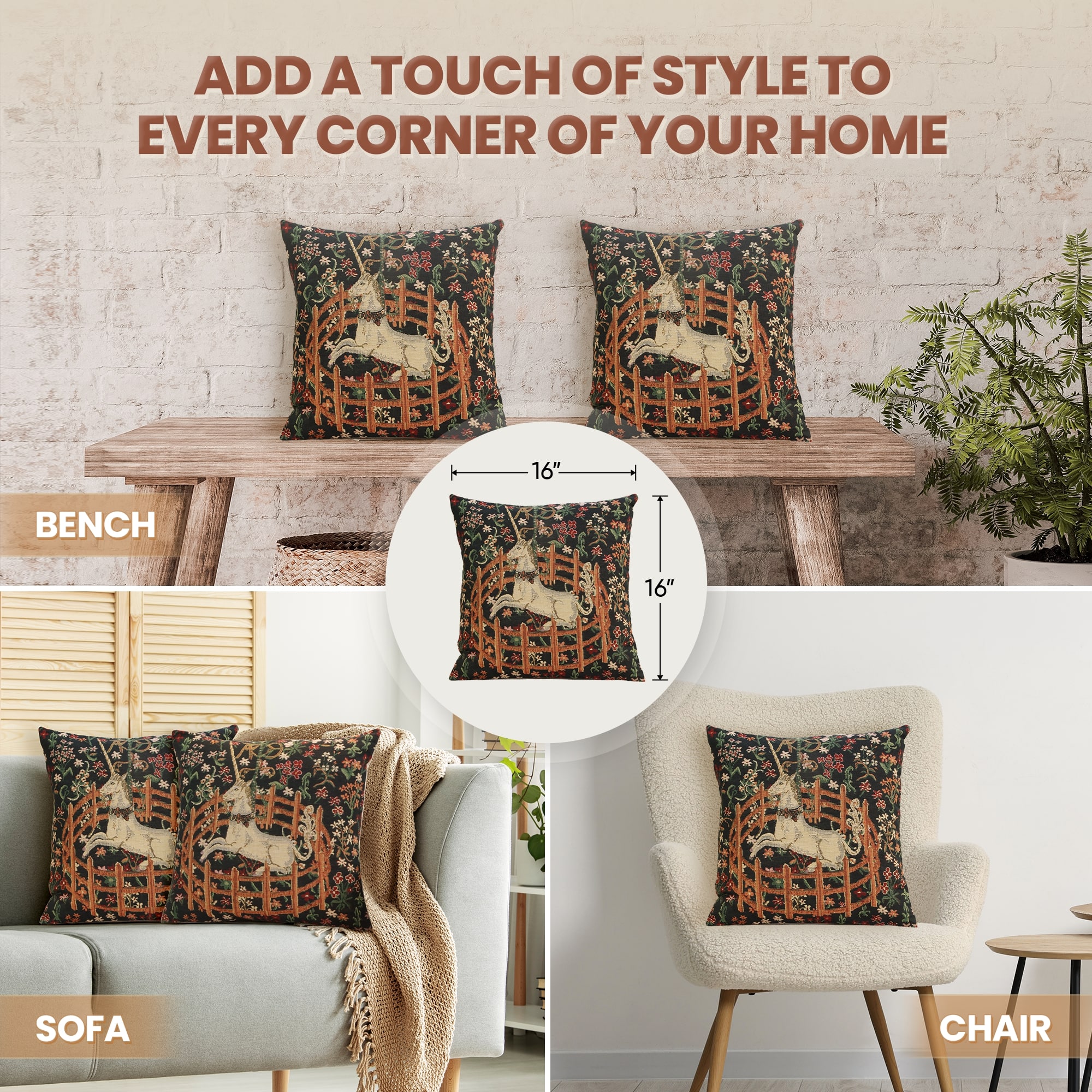 Medieval Unicorn Vintage Tapestry Pillow Cover 16x16 Inch Cotton Jacquard Woven Cushion Cover