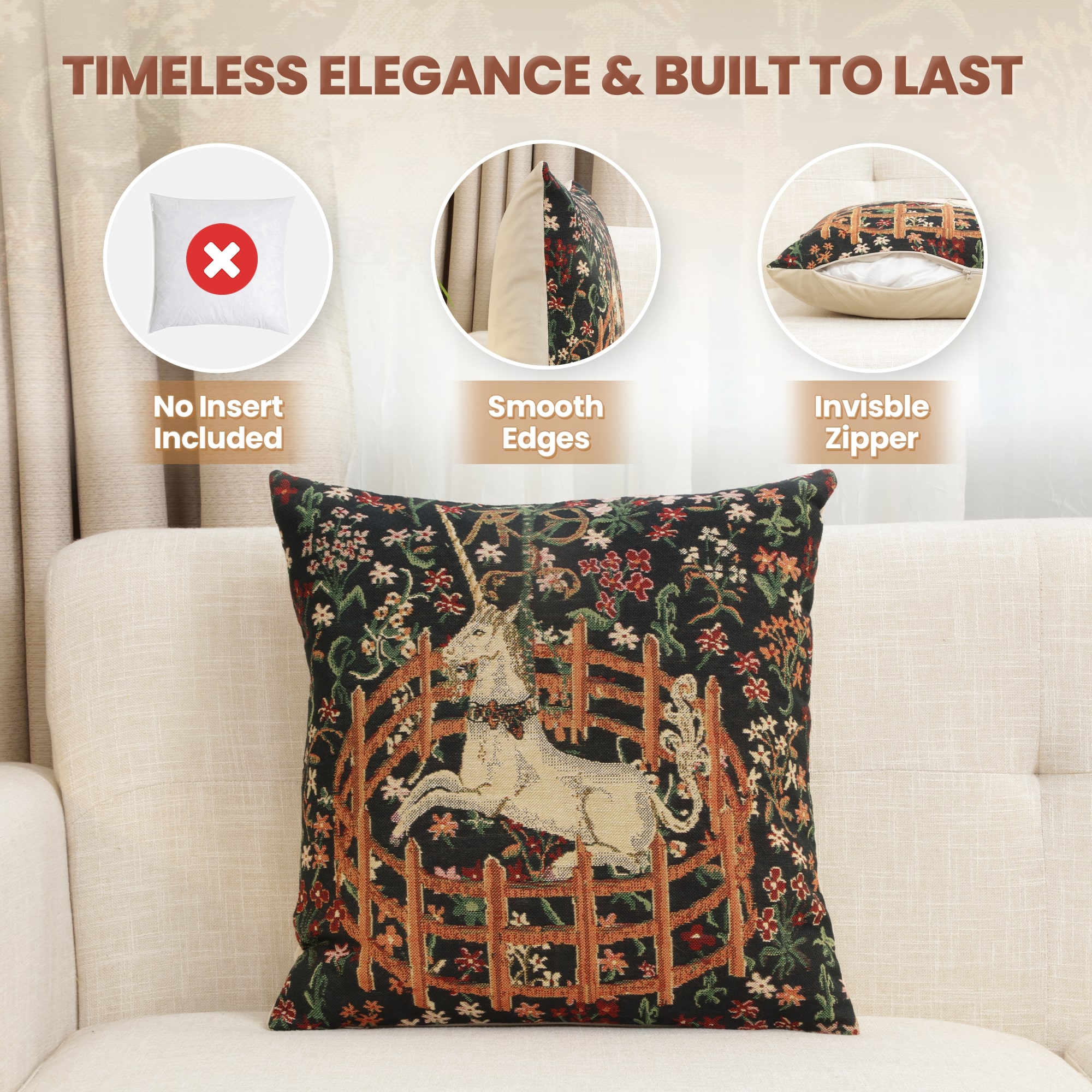 Medieval Unicorn Vintage Tapestry Pillow Cover 16x16 Inch Cotton Jacquard Woven Cushion Cover