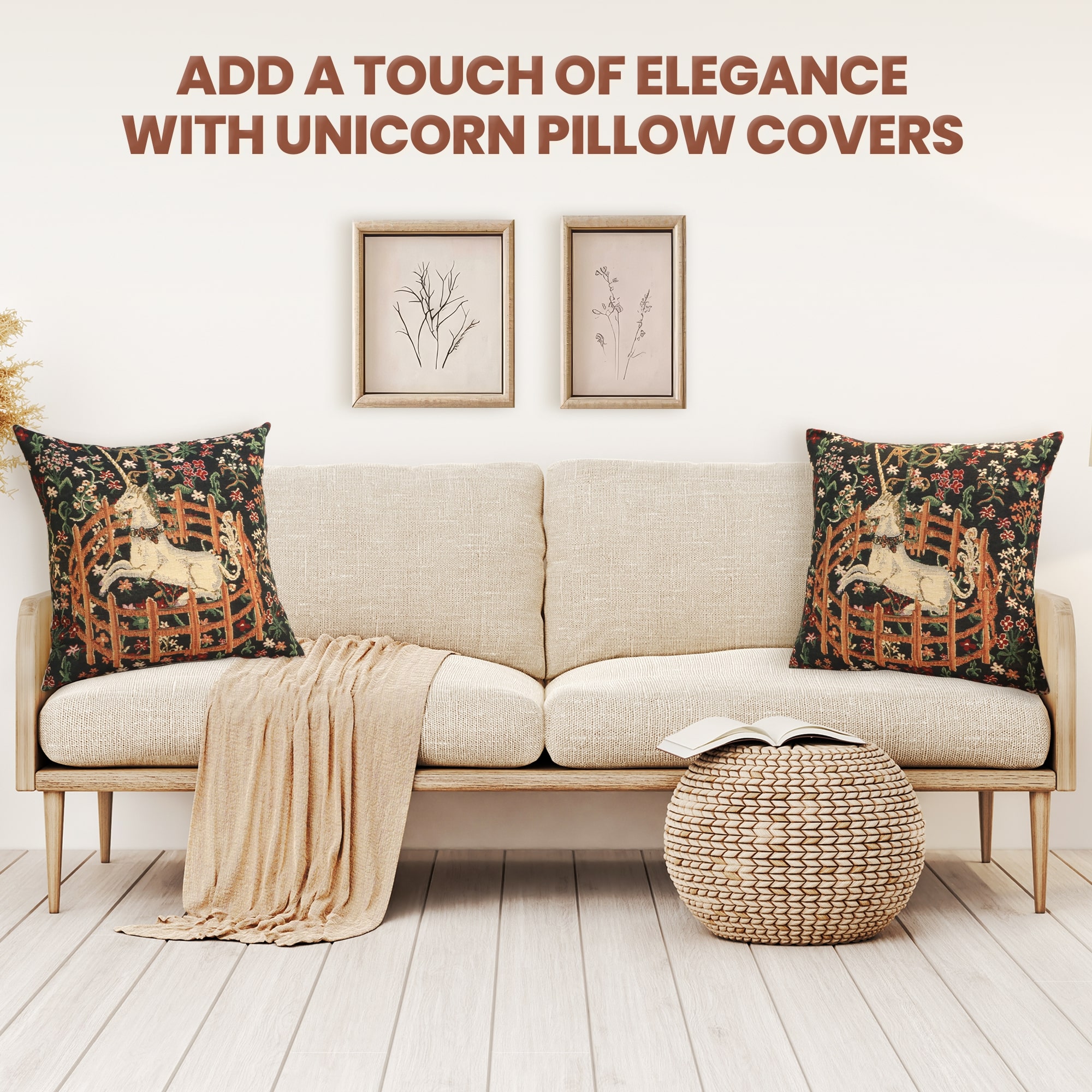 Medieval Unicorn Vintage Tapestry Pillow Cover 16x16 Inch Cotton Jacquard Woven Cushion Cover