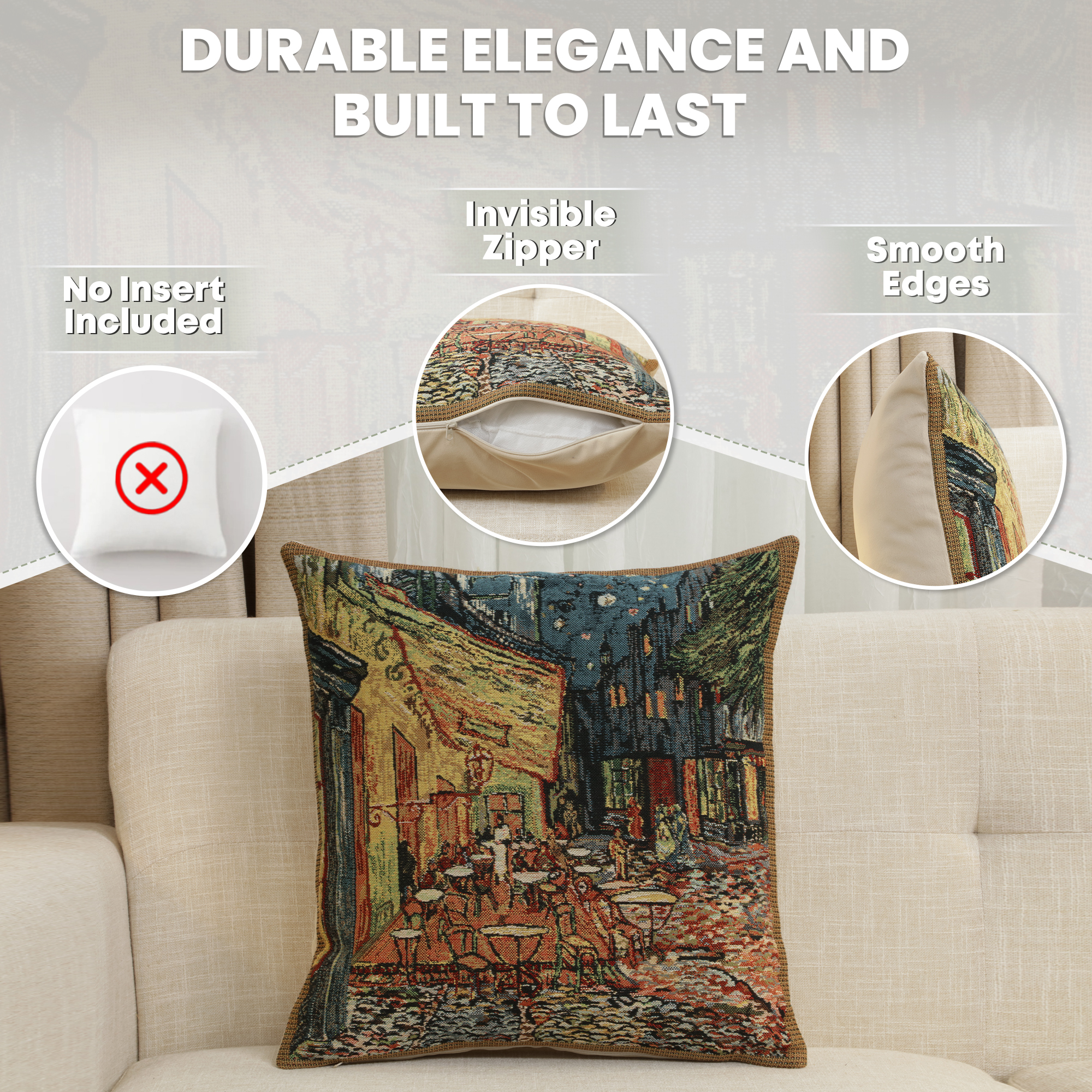 Vincent Van Gogh Terrace Tapestry Pillow Cover 16x16 Inch Cotton Jacquard Woven Cushion Cover
