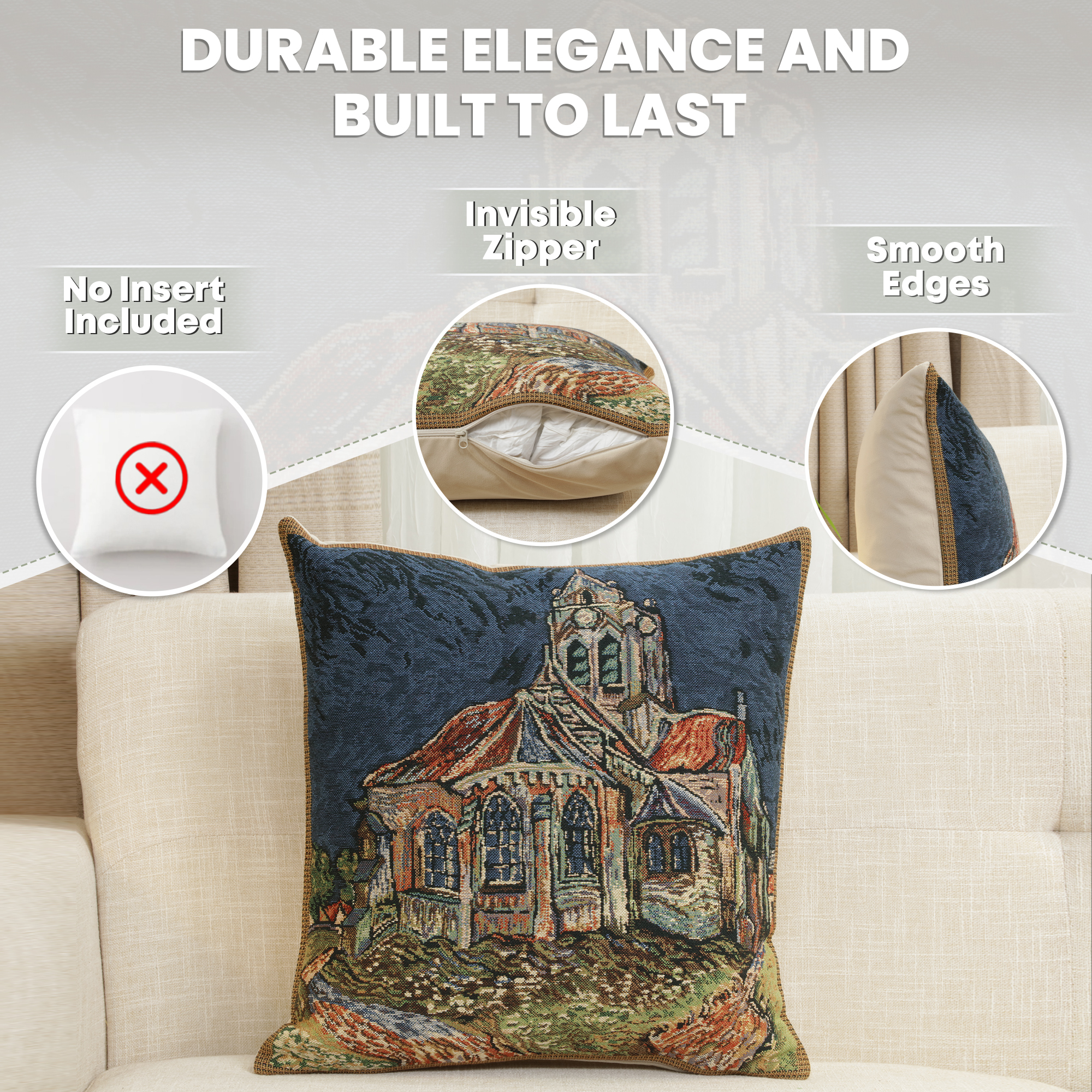 Vincent Van Gogh The Church of Auvers Tapestry Pillow Cover 16x16 Inch Cotton Jacquard Woven Cushion Cover