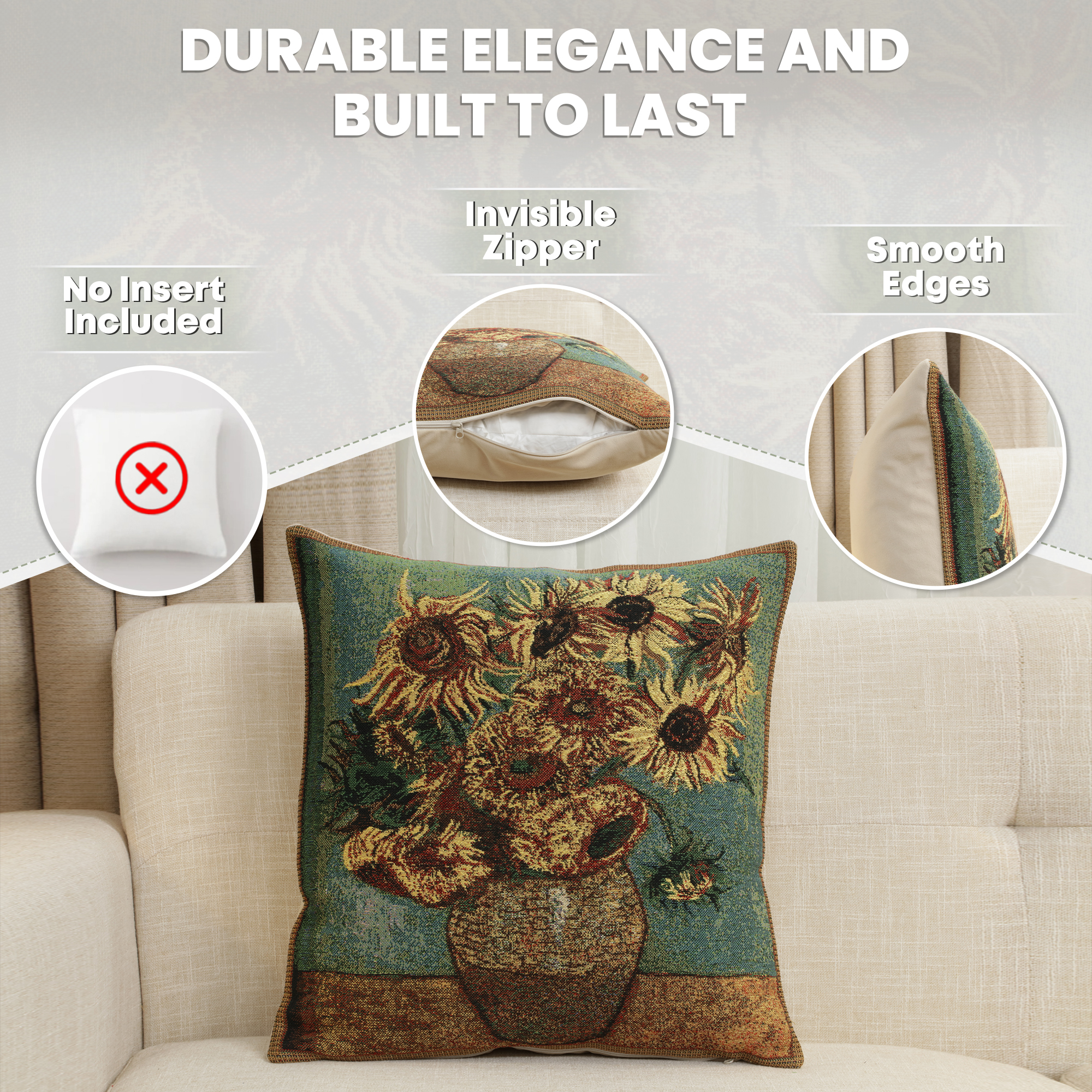 Vincent Van Gogh Sunflower Tapestry Pillow Cover 16x16 Inch Cotton Jacquard Woven Cushion Cover