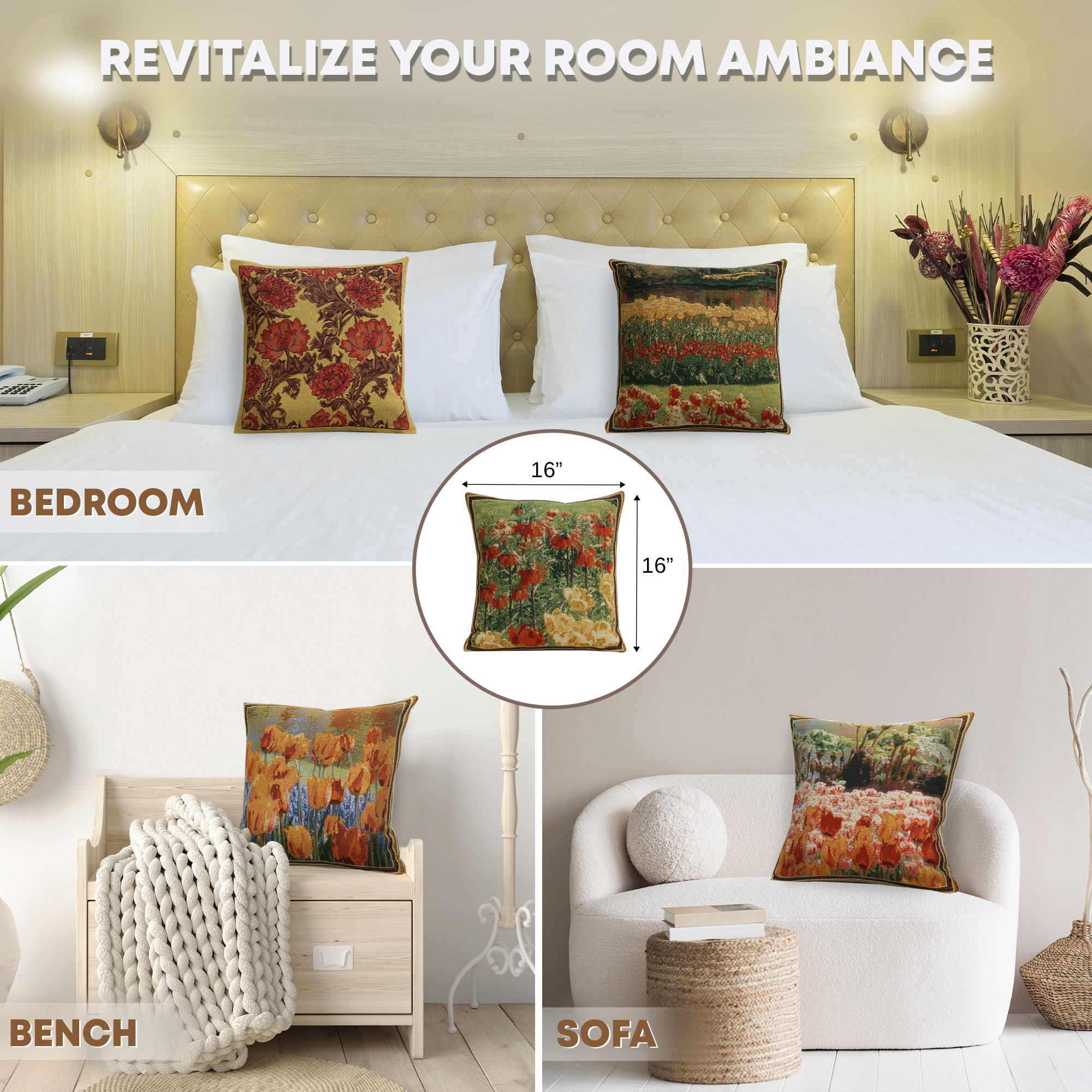 Floral Keukenhof Gardens Tapestry Pillow Cover 16x16 Inch Cotton Jacquard Woven Cushion Cover