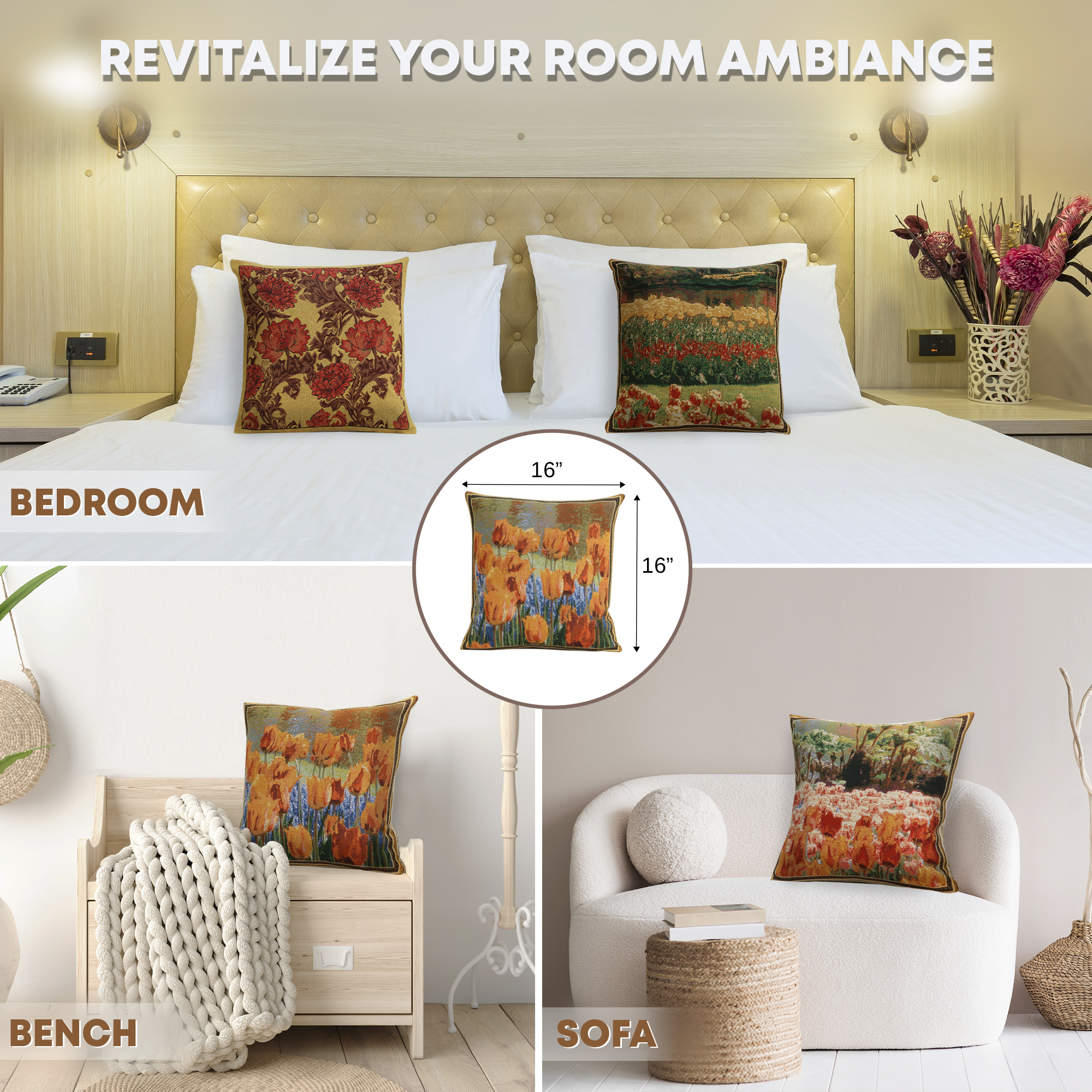 Floral Keukenhof Gardens Tapestry Pillow Cover 16x16 Inch Cotton Jacquard Woven Cushion Cover