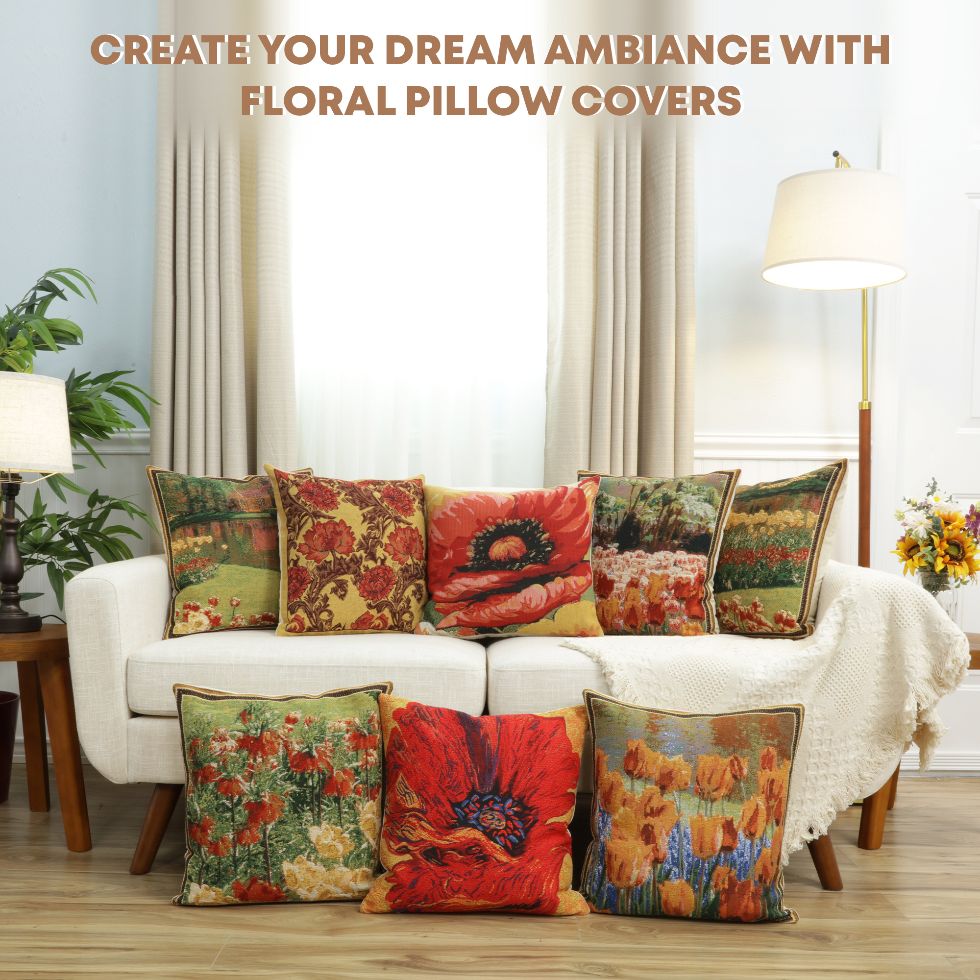 Floral Keukenhof Gardens Tapestry Pillow Cover 16x16 Inch Cotton Jacquard Woven Cushion Cover