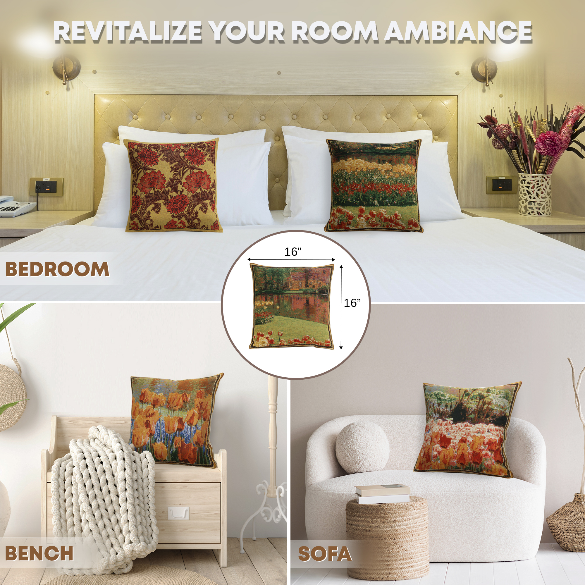 Floral Keukenhof Gardens Tapestry Pillow Cover 16x16 Inch Cotton Jacquard Woven Cushion Cover