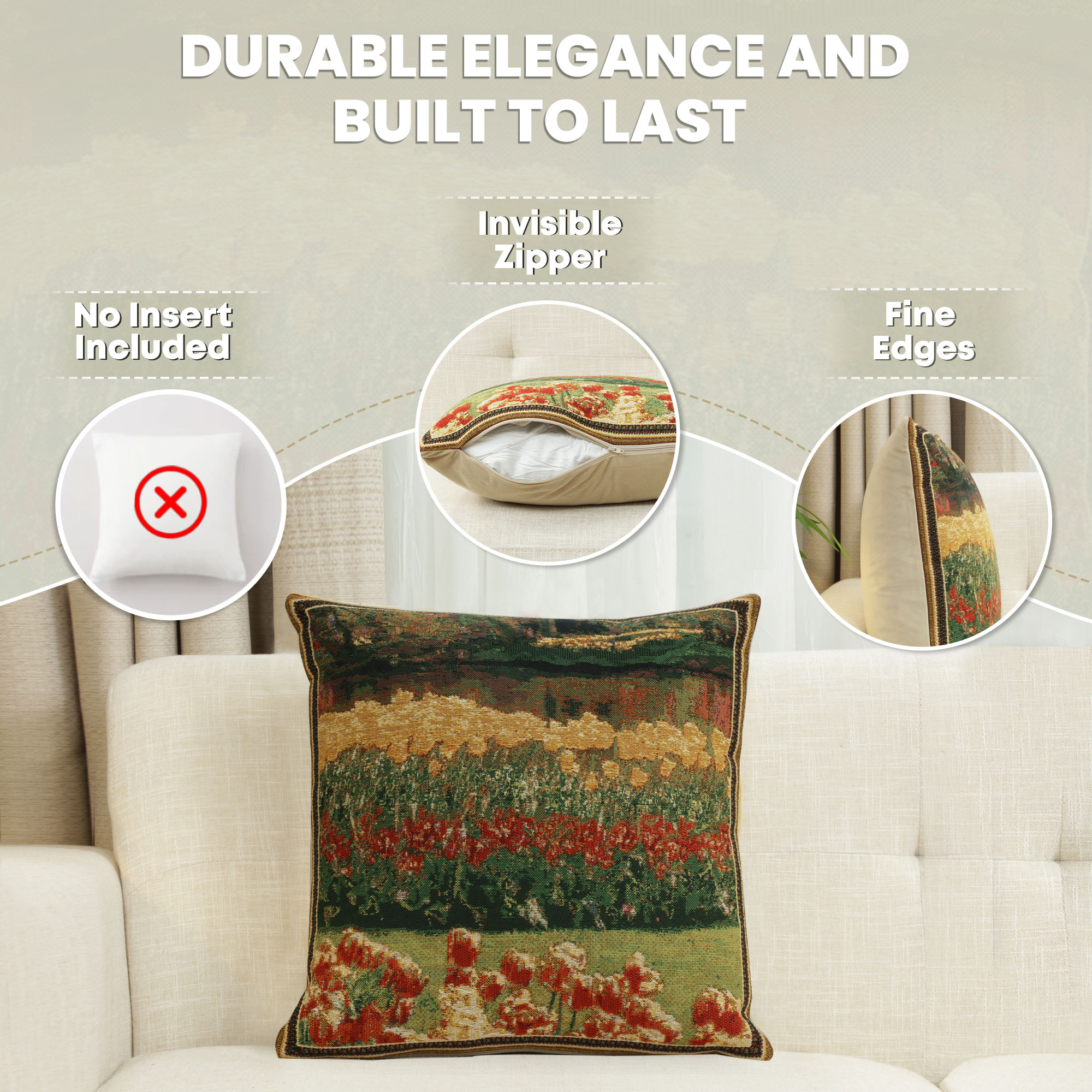 Floral Keukenhof Gardens Tapestry Pillow Cover 16x16 Inch Cotton Jacquard Woven Cushion Cover