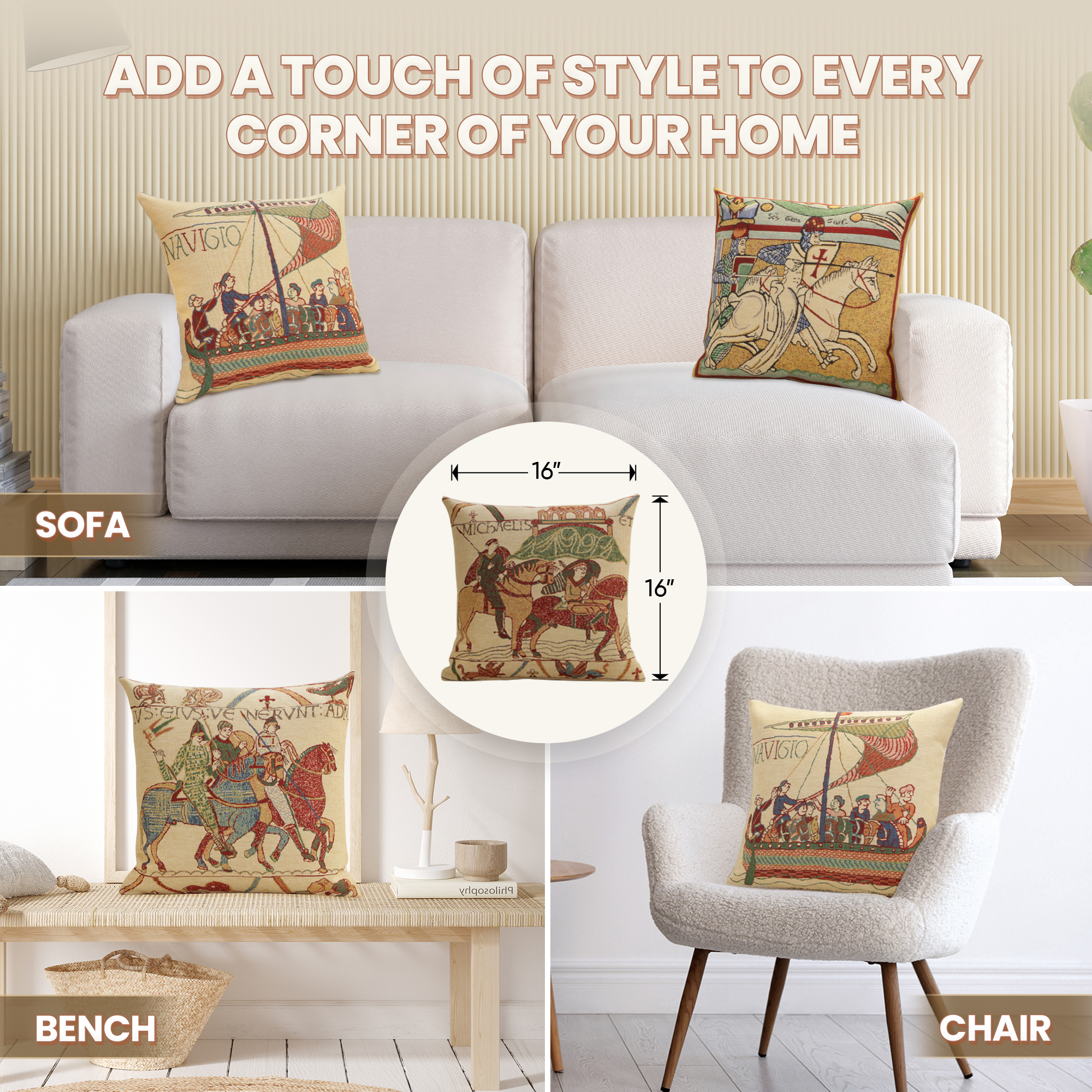 Bayeux Mont St. Michel Medieval Tapestry Pillow Cover 16x16 Inch Cotton Jacquard Woven Cushion Cover