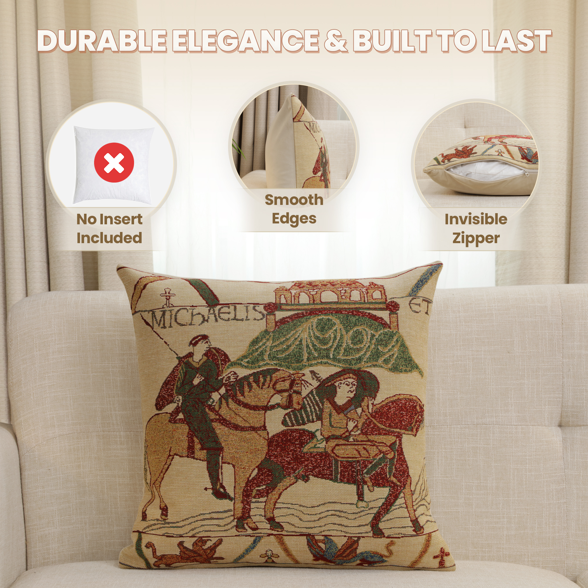 Bayeux Mont St. Michel Medieval Tapestry Pillow Cover 16x16 Inch Cotton Jacquard Woven Cushion Cover
