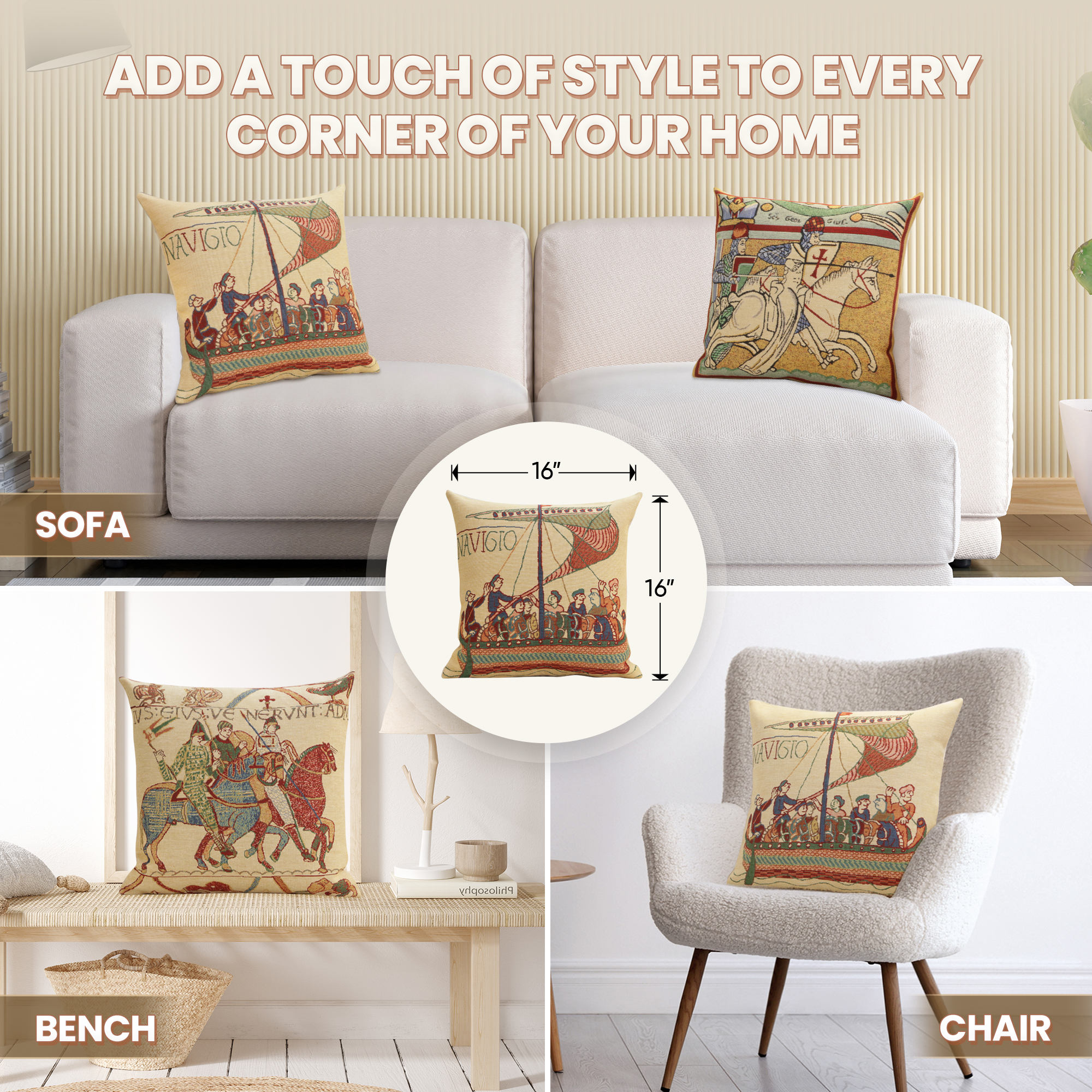 Bayeux Navigo Medieval Tapestry Pillow Cover 16x16 Inch Cotton Jacquard Woven Cushion Cover