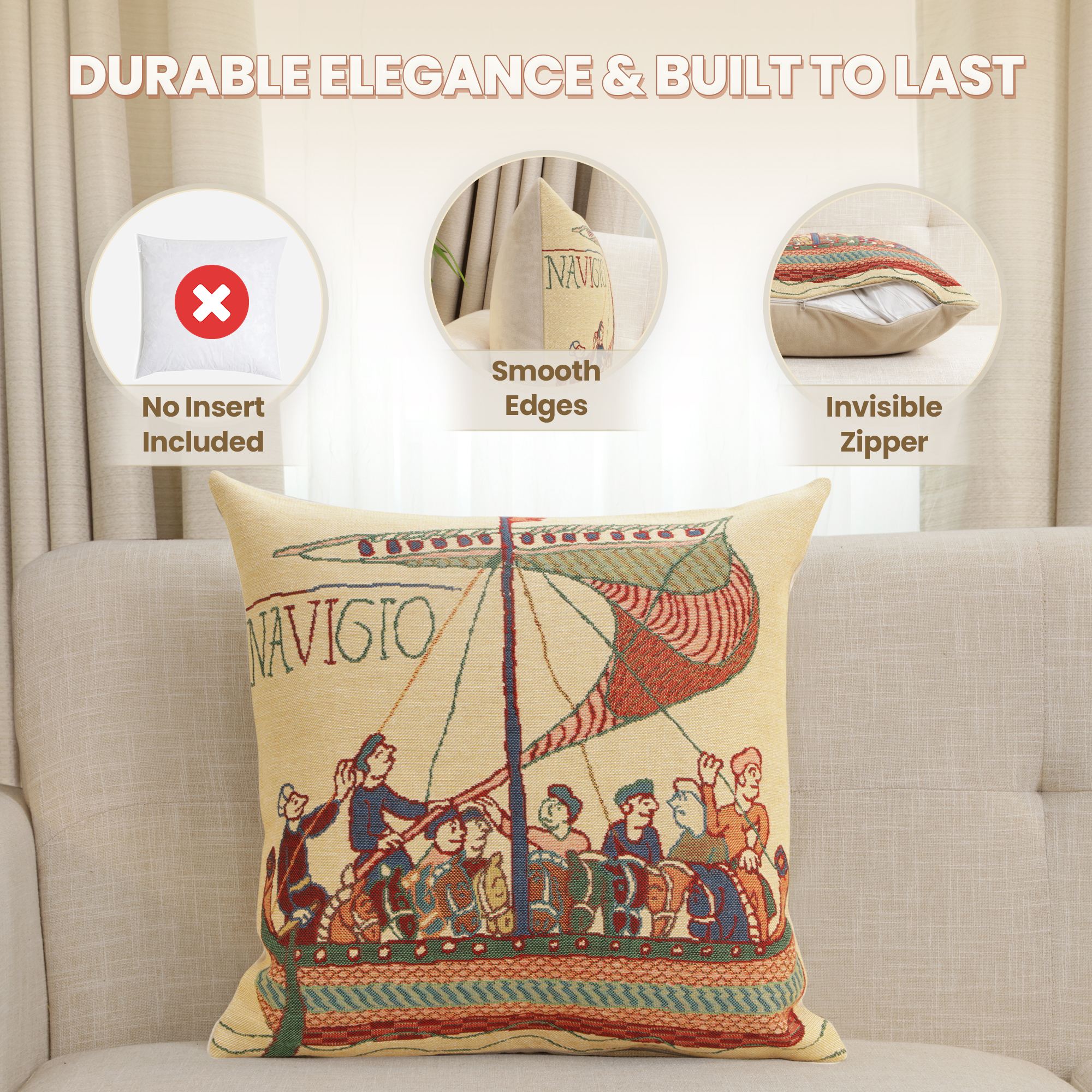 Bayeux Navigo Medieval Tapestry Pillow Cover 16x16 Inch Cotton Jacquard Woven Cushion Cover