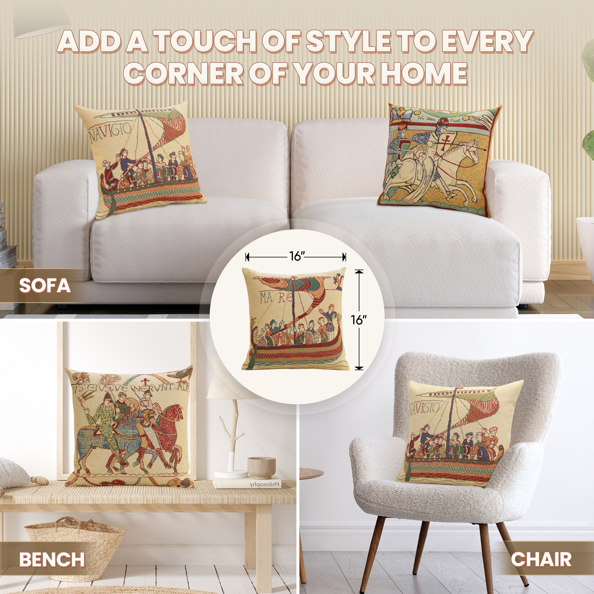 Bayeux Mare Medieval Tapestry Pillow Cover 16x16 Inch Cotton Jacquard Woven Cushion Cover