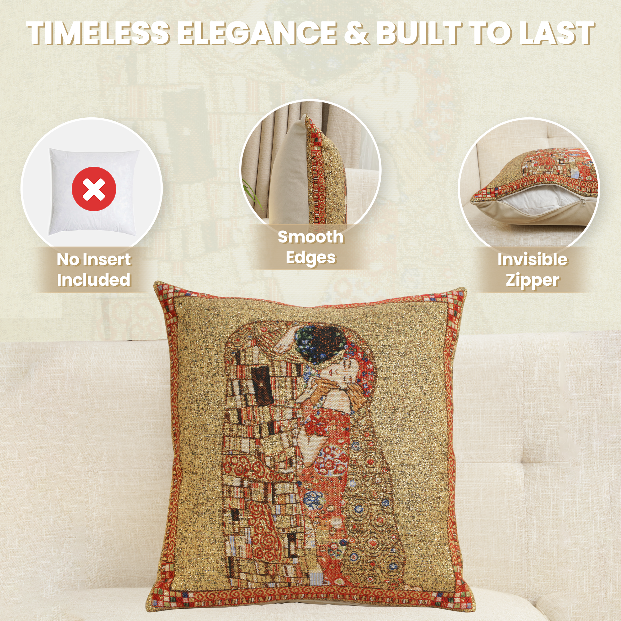 Gustav Klimt Le Baiser Tapestry Pillow Cover 16x16 Inch Cotton Jacquard Woven Cushion Cover