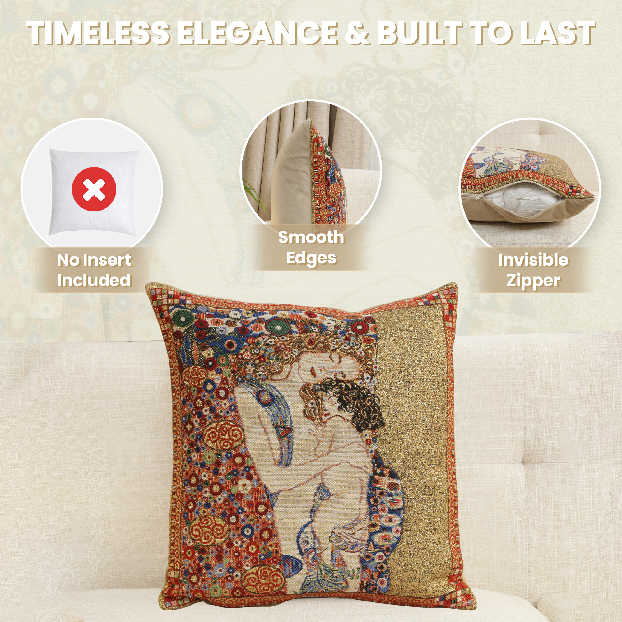 Gustav Klimt Mere et Enfant Tapestry Pillow Cover 16x16 Inch Cotton Jacquard Woven Cushion Cover