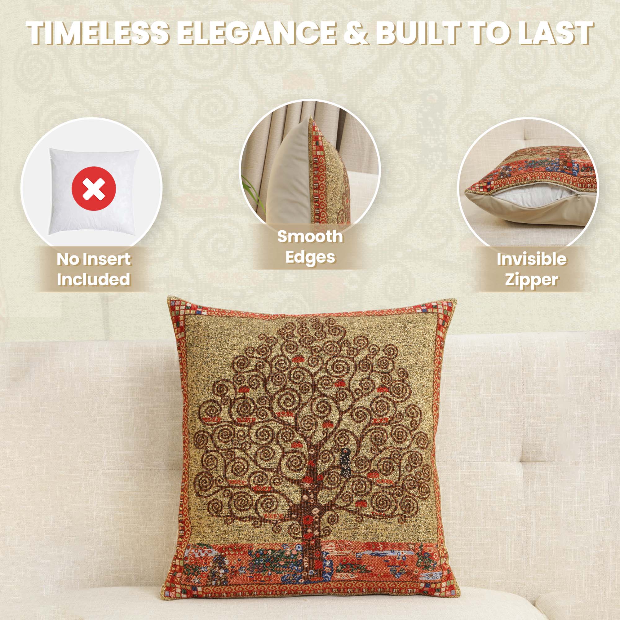 Gustav Klimt Tree of Life I Tapestry Pillow Cover 16x16 Inch Cotton Jacquard Woven Cushion Cover