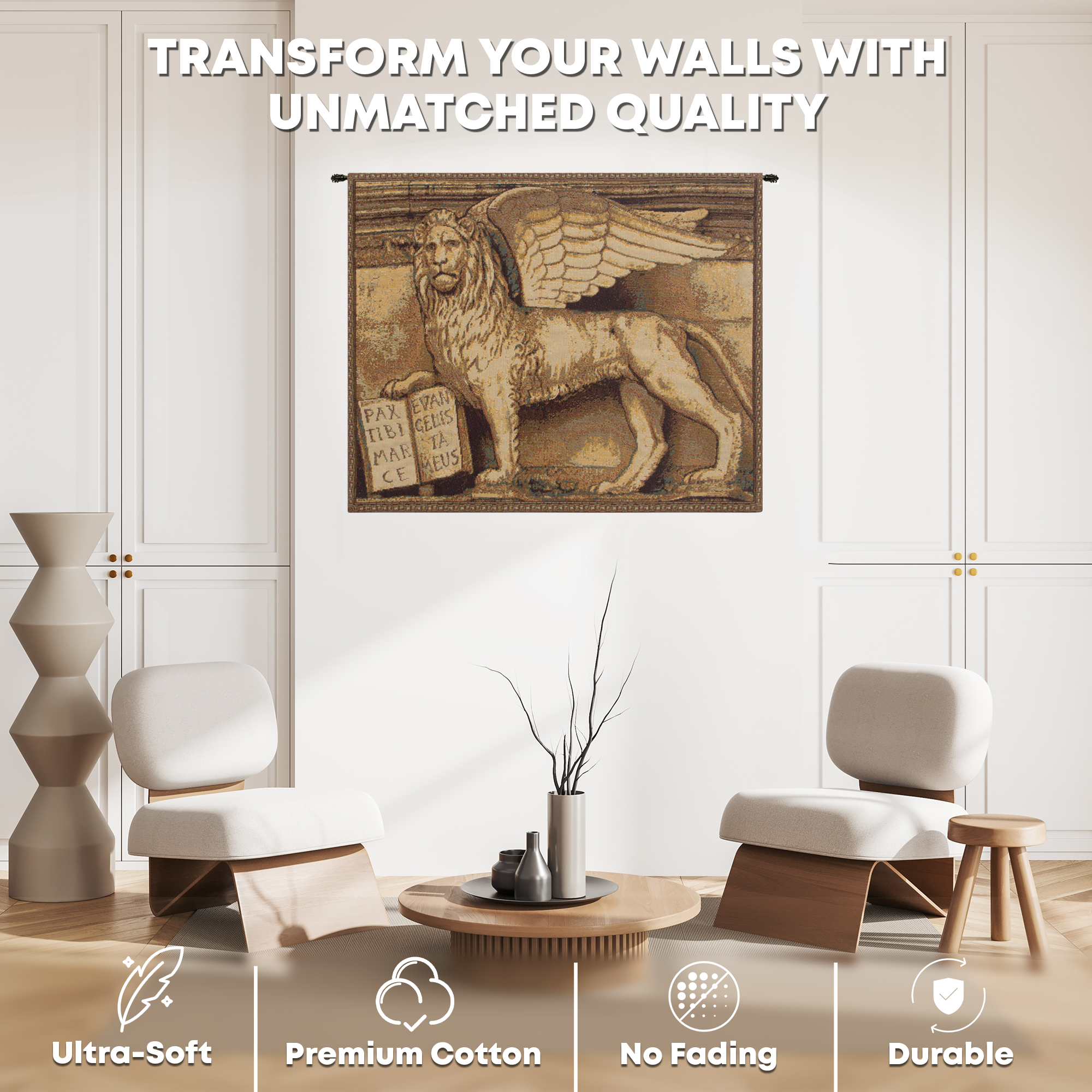 Alberto Passini Lion with Books Tapestry Wall Hanging 12 x 15 in Venetian Heraldic Jacquard Woven Italian Decor